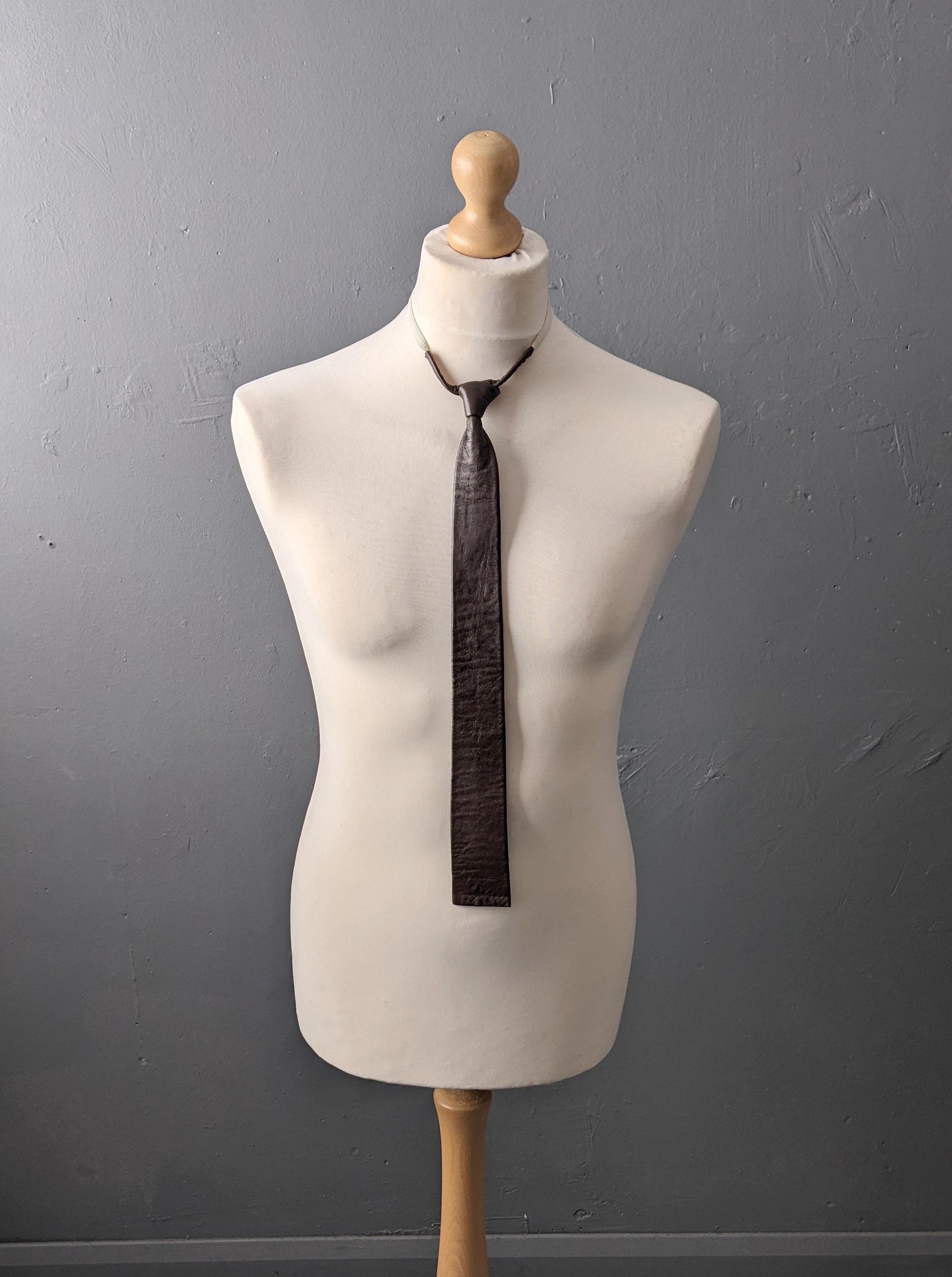 Vintage Brown Leather Tie, Mid Century Elasticated Necktie