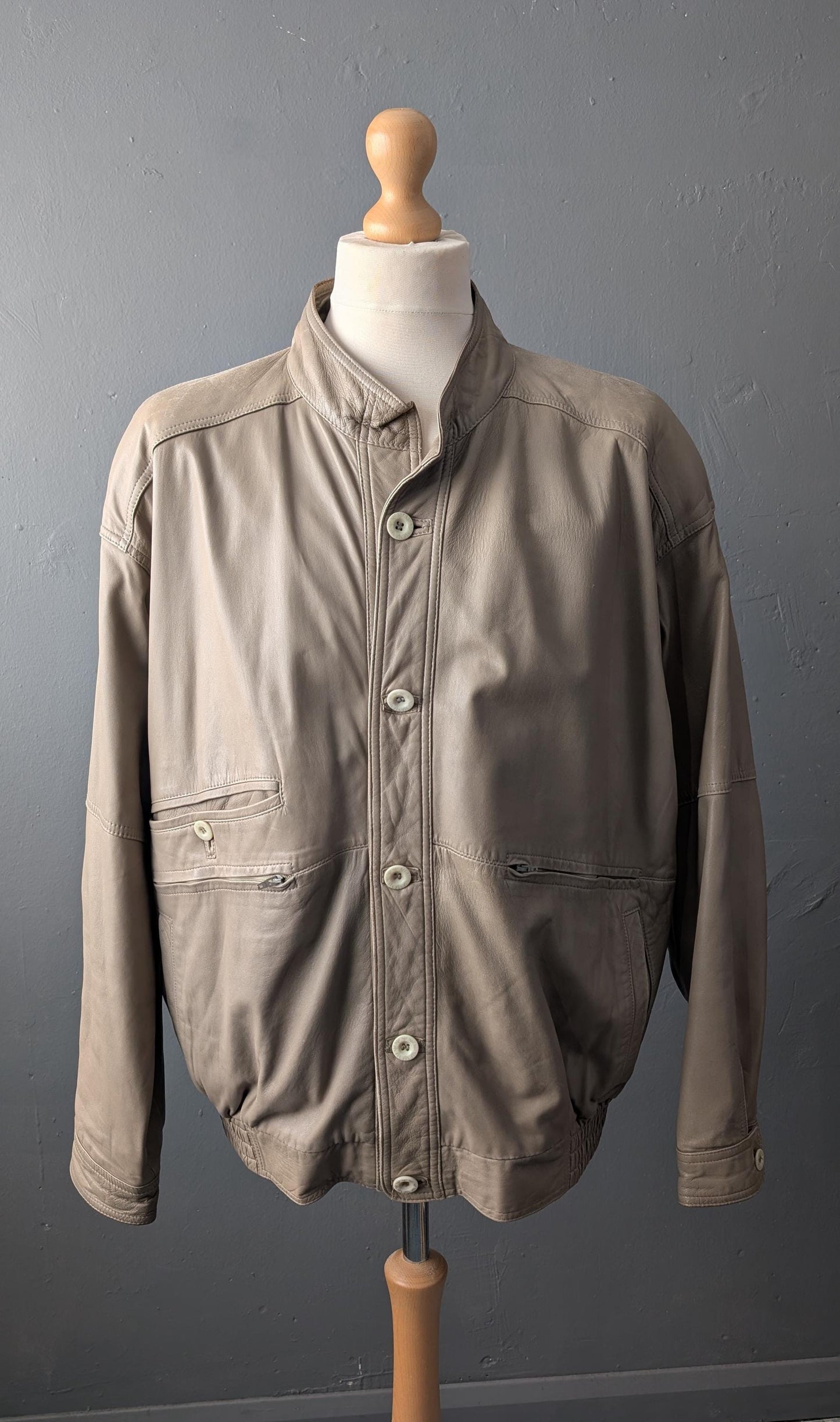 Vintage Bomber Jacket in Distressed Taupe Leather, 80s Slouchy Moto Coat, Size Large XL