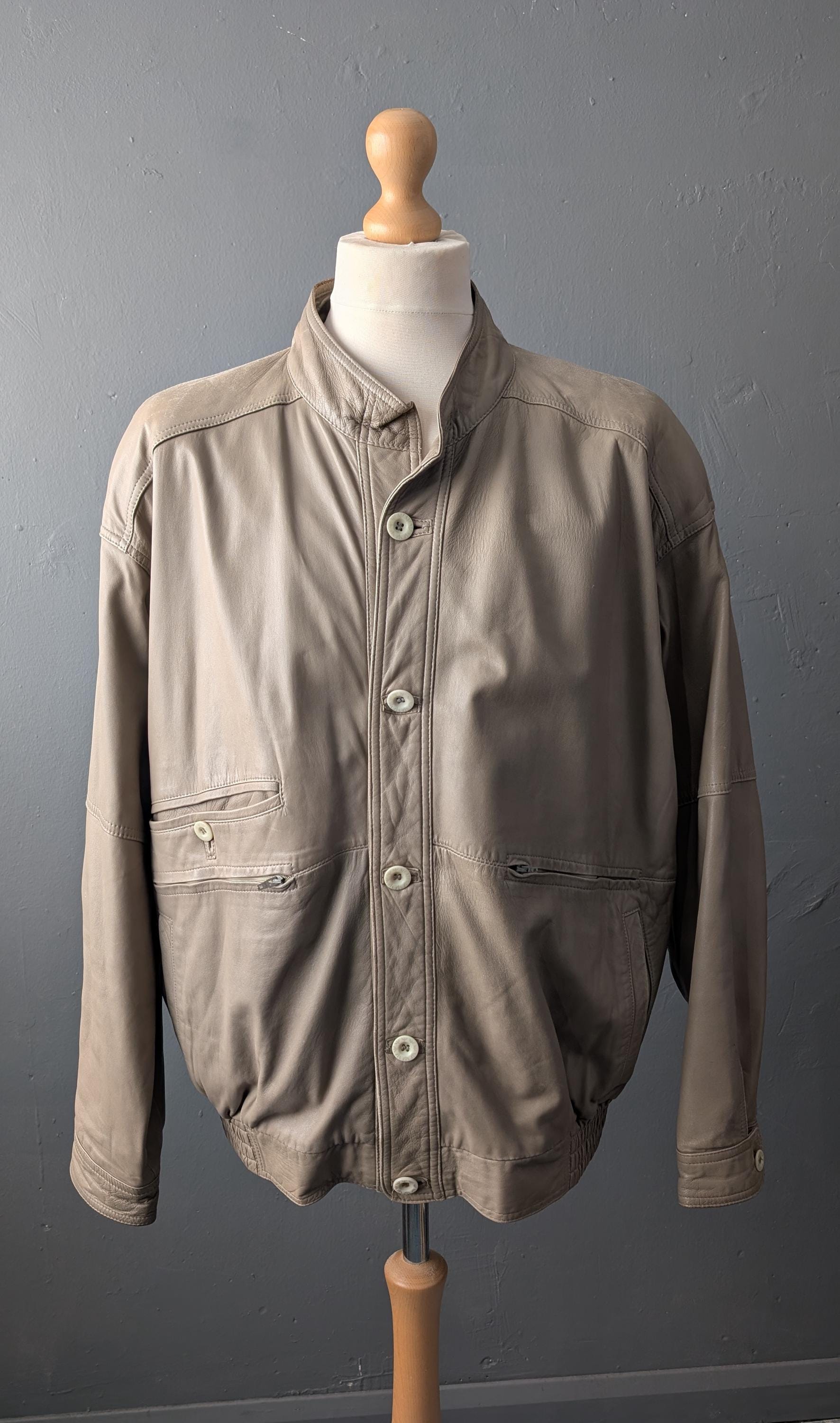 Vintage Bomber Jacket in Distressed Taupe Leather, 80s Slouchy Moto Coat, Size Large XL