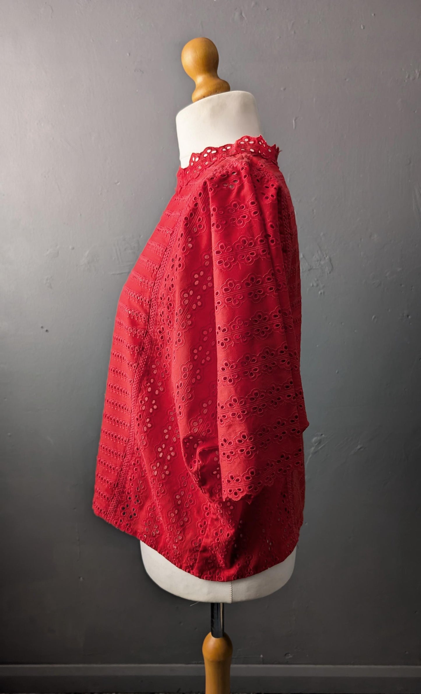 80s Red Broderie Anglais Top, Embroidered Eyelet Blouse, Medium to XL