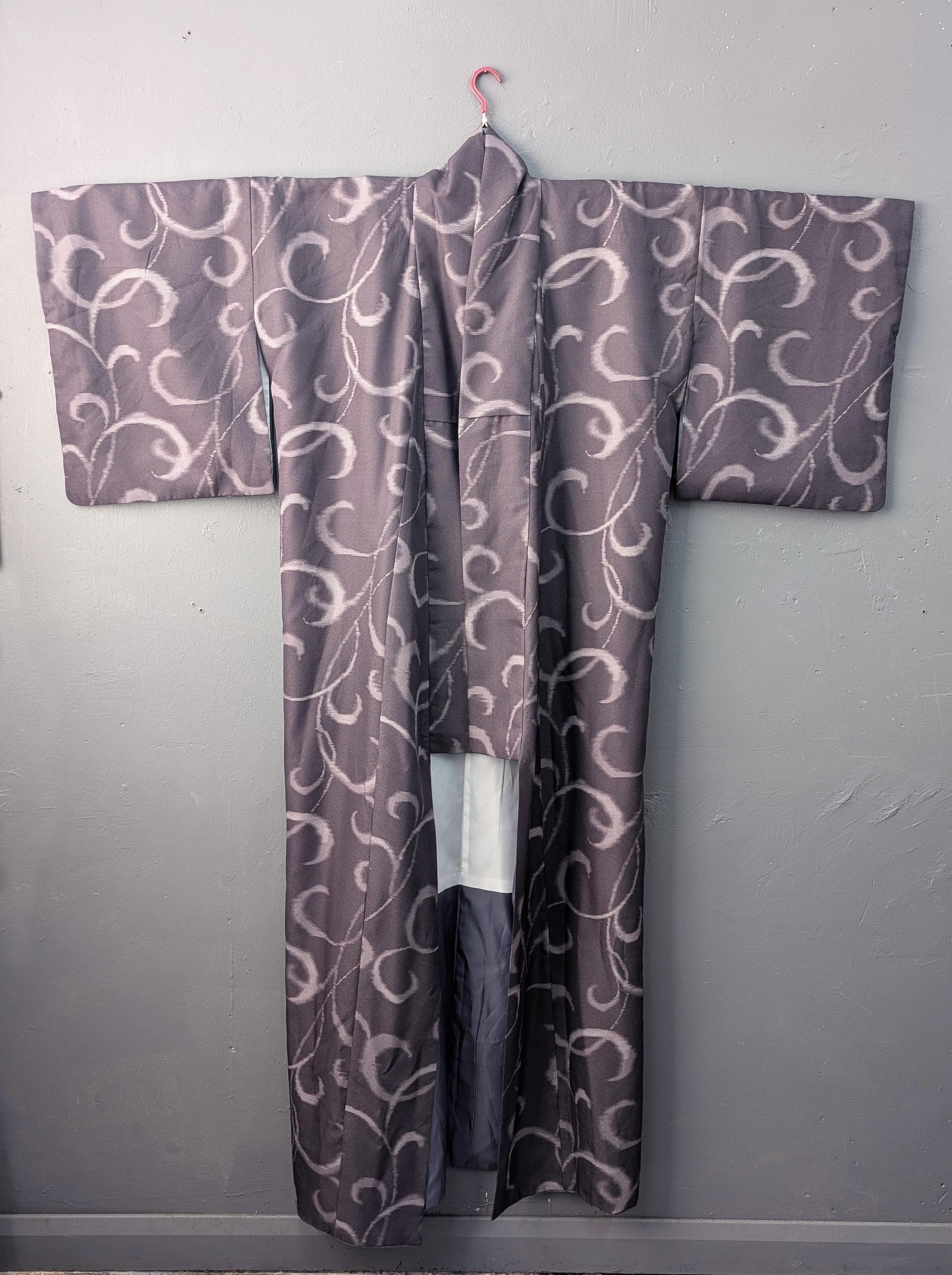 Vintage Komon Kimono, Faux Kasuri Swirl Print, Japanese Korin Robe, Size Large