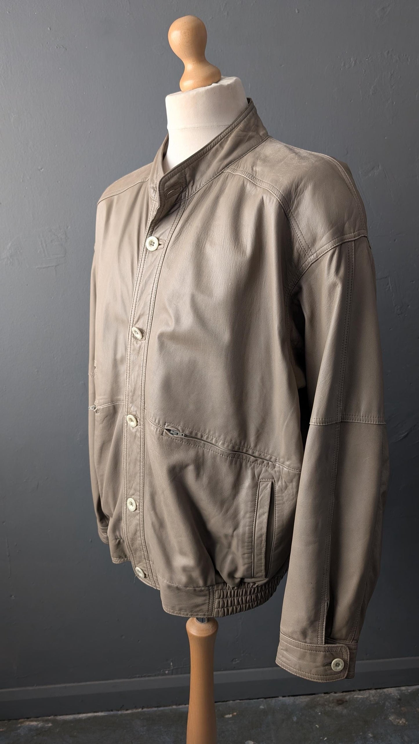 Vintage Bomber Jacket in Distressed Taupe Leather, 80s Slouchy Moto Coat, Size Large XL