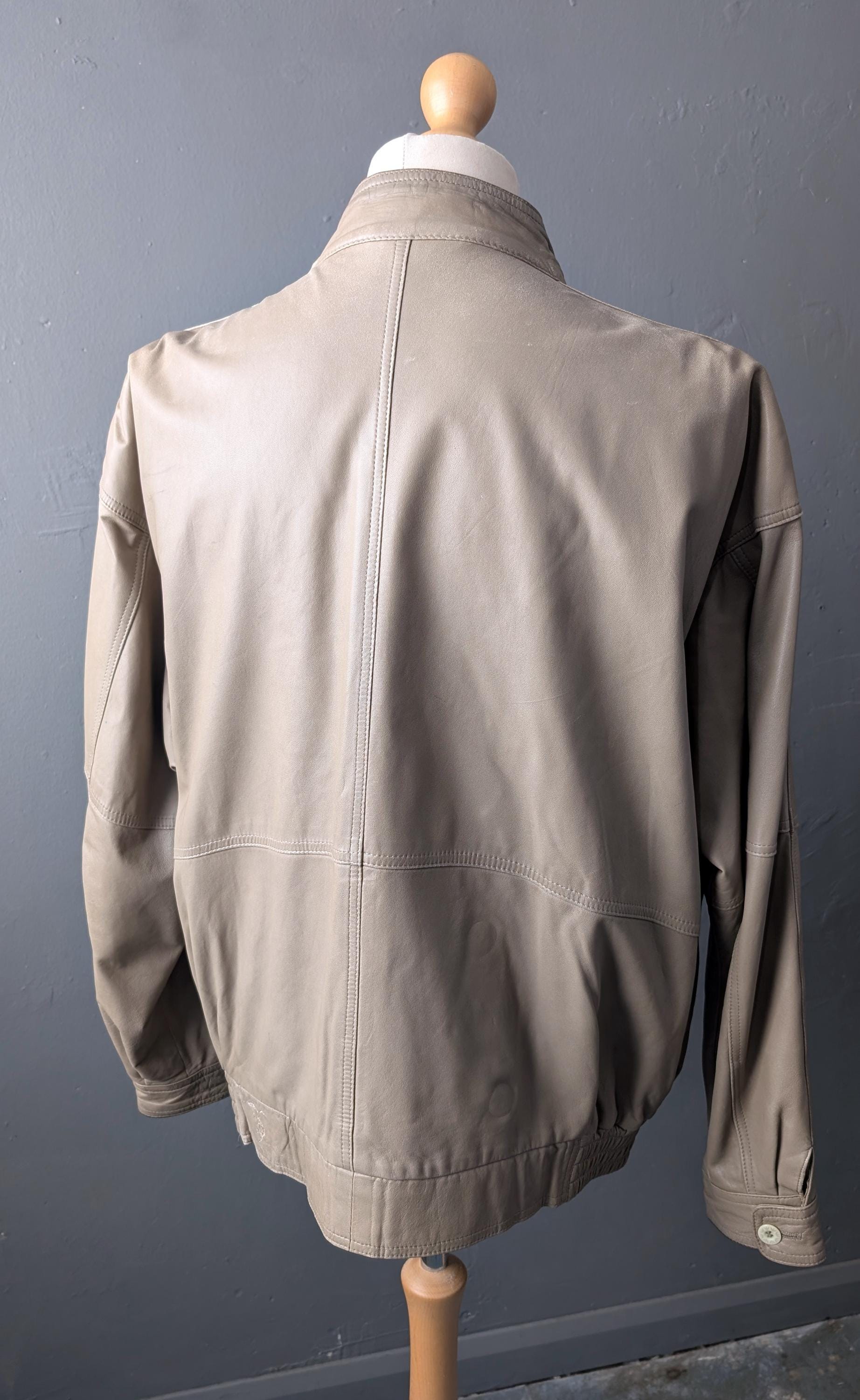 Vintage Bomber Jacket in Distressed Taupe Leather, 80s Slouchy Moto Coat, Size Large XL