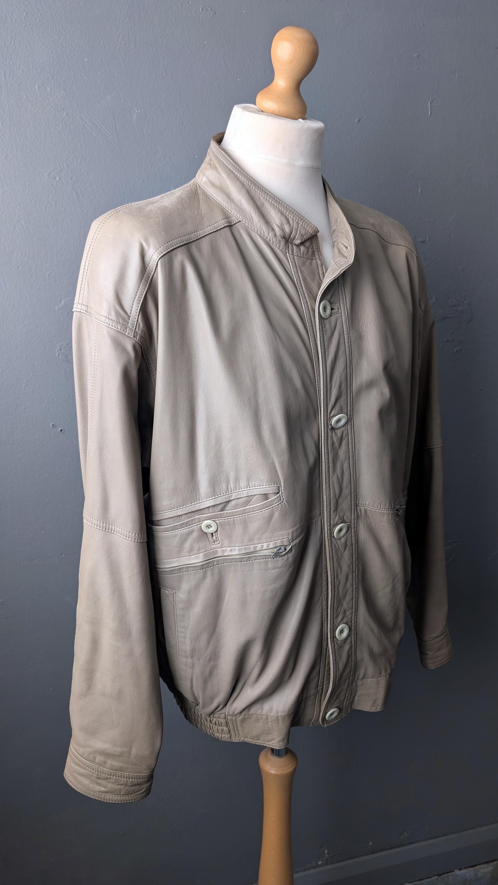 Vintage Bomber Jacket in Distressed Taupe Leather, 80s Slouchy Moto Coat, Size Large XL