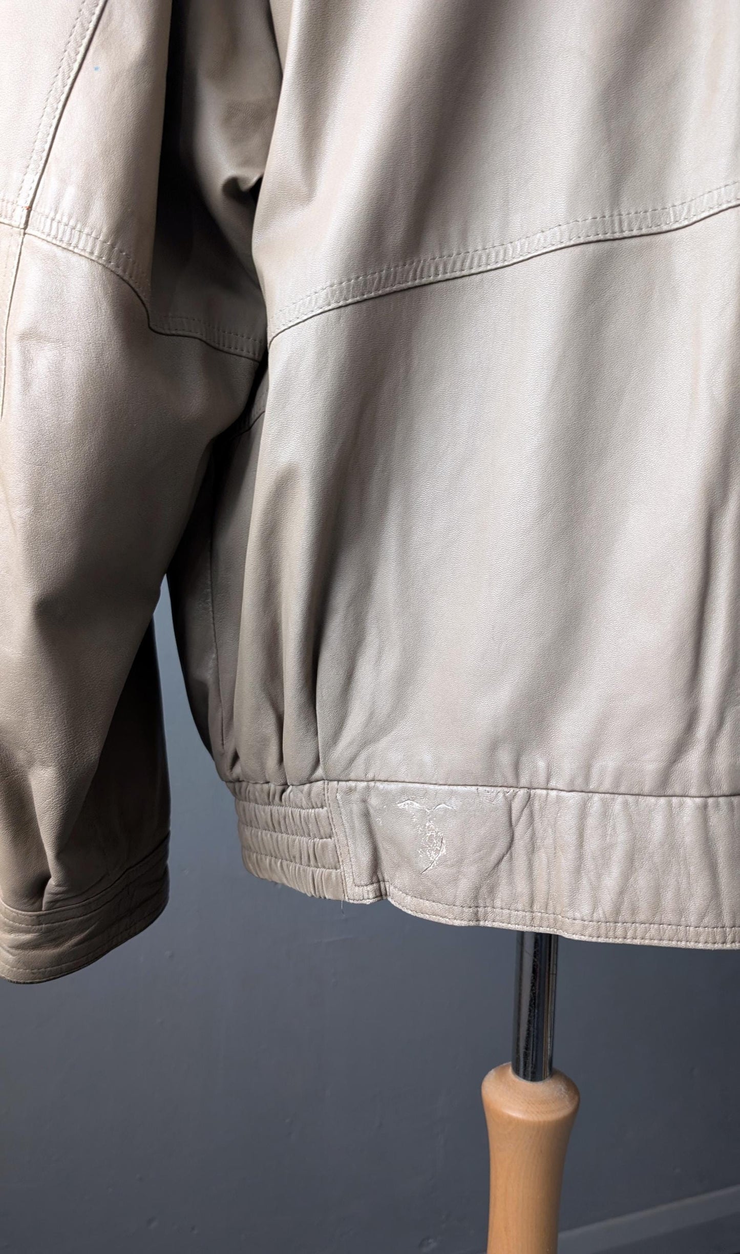 Vintage Bomber Jacket in Distressed Taupe Leather, 80s Slouchy Moto Coat, Size Large XL