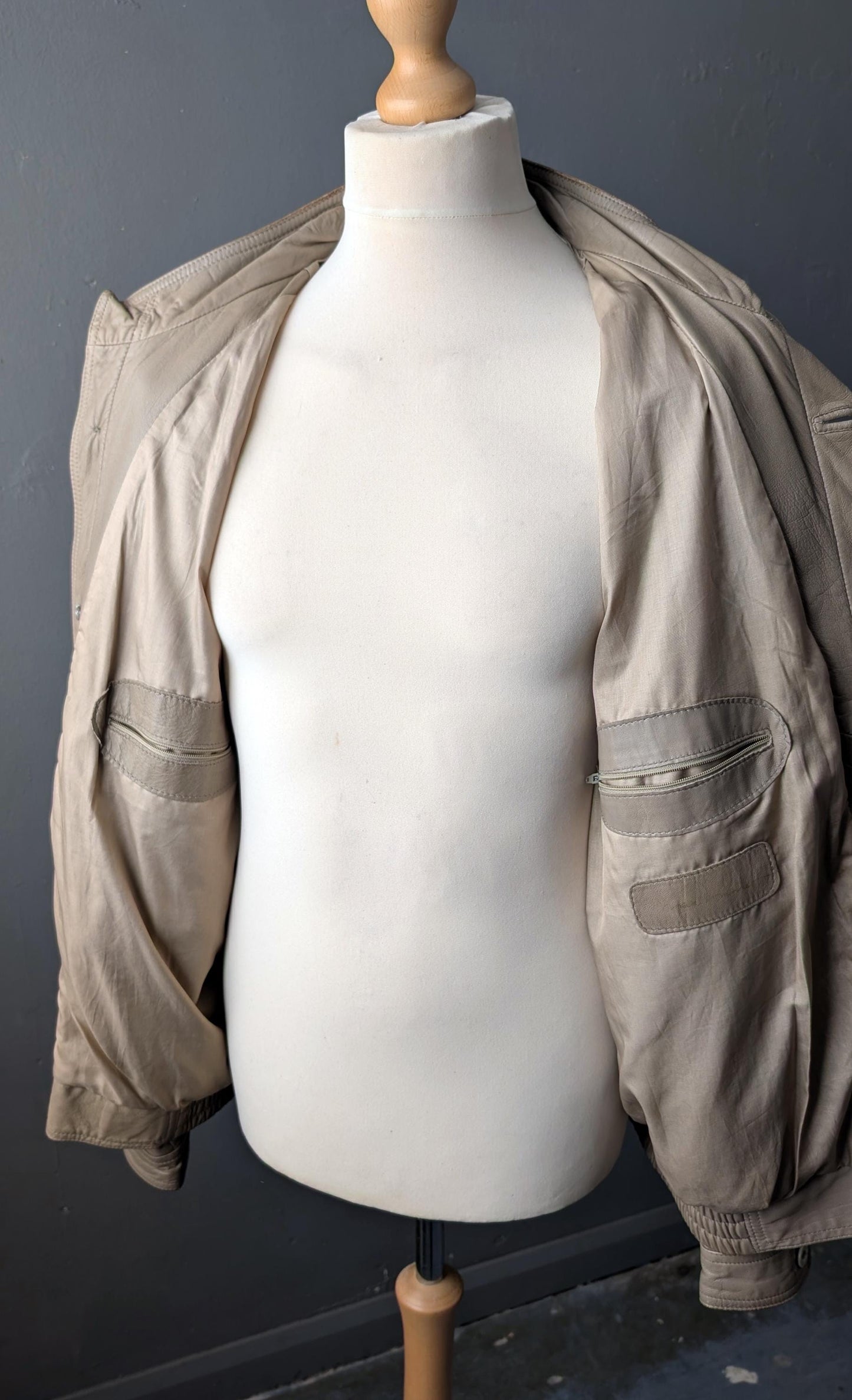 Vintage Bomber Jacket in Distressed Taupe Leather, 80s Slouchy Moto Coat, Size Large XL
