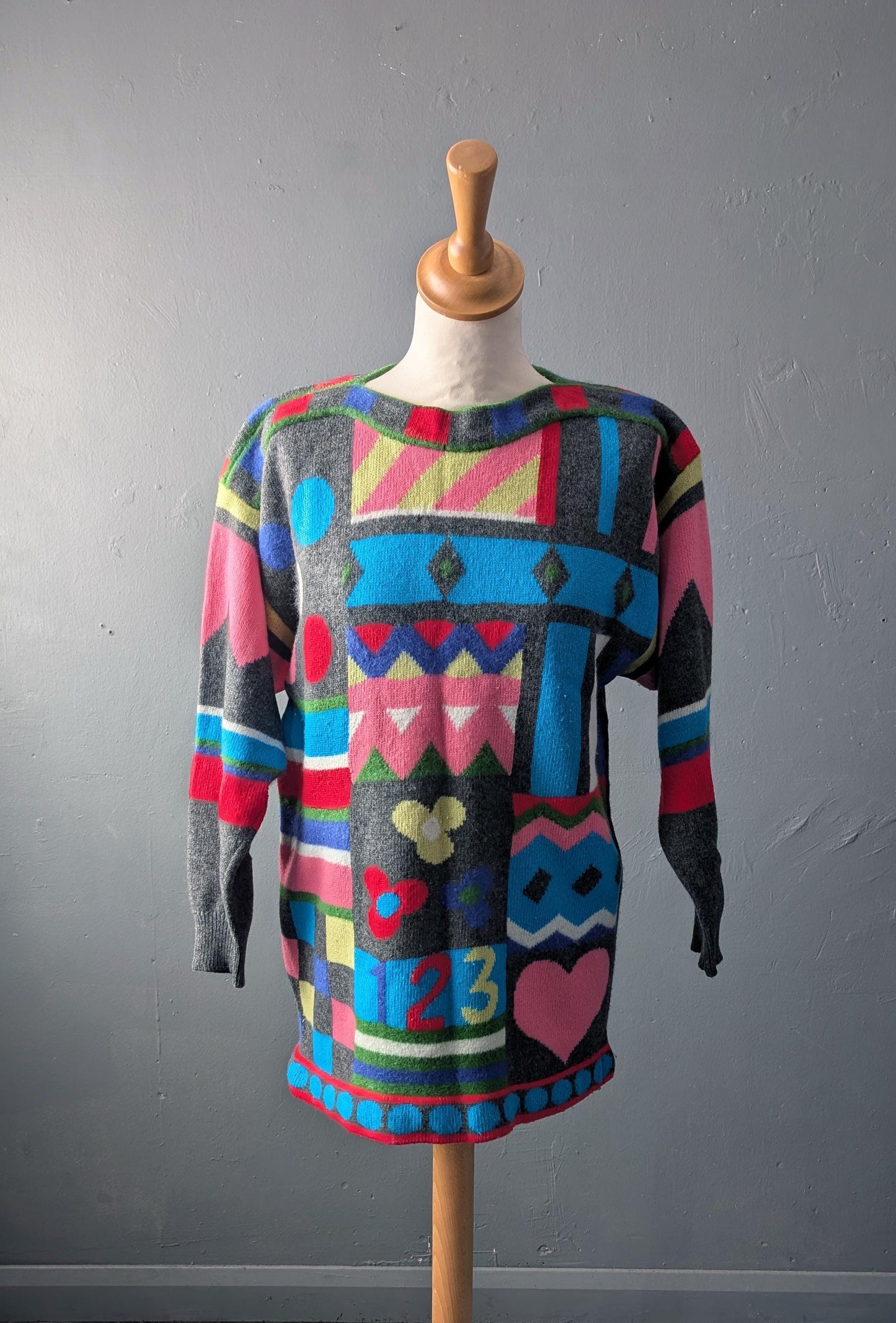 80s Geometric Novelty Sweater by Joye Fun, Colourful Abstract Shapes, Size Small
