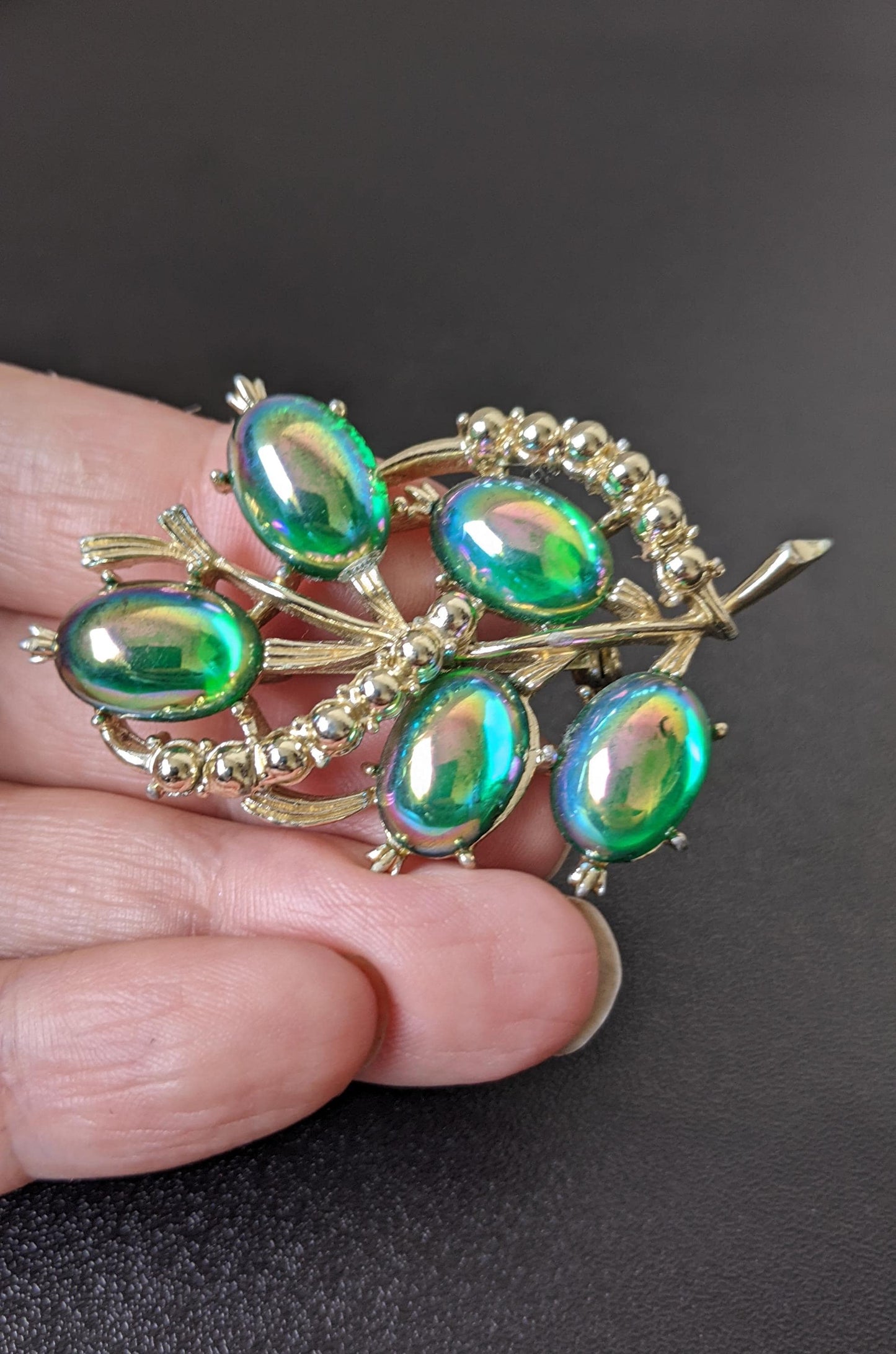 Vintage Iridescent Berry Brooch, Sparkly Aurora Borealis Sprig Pin