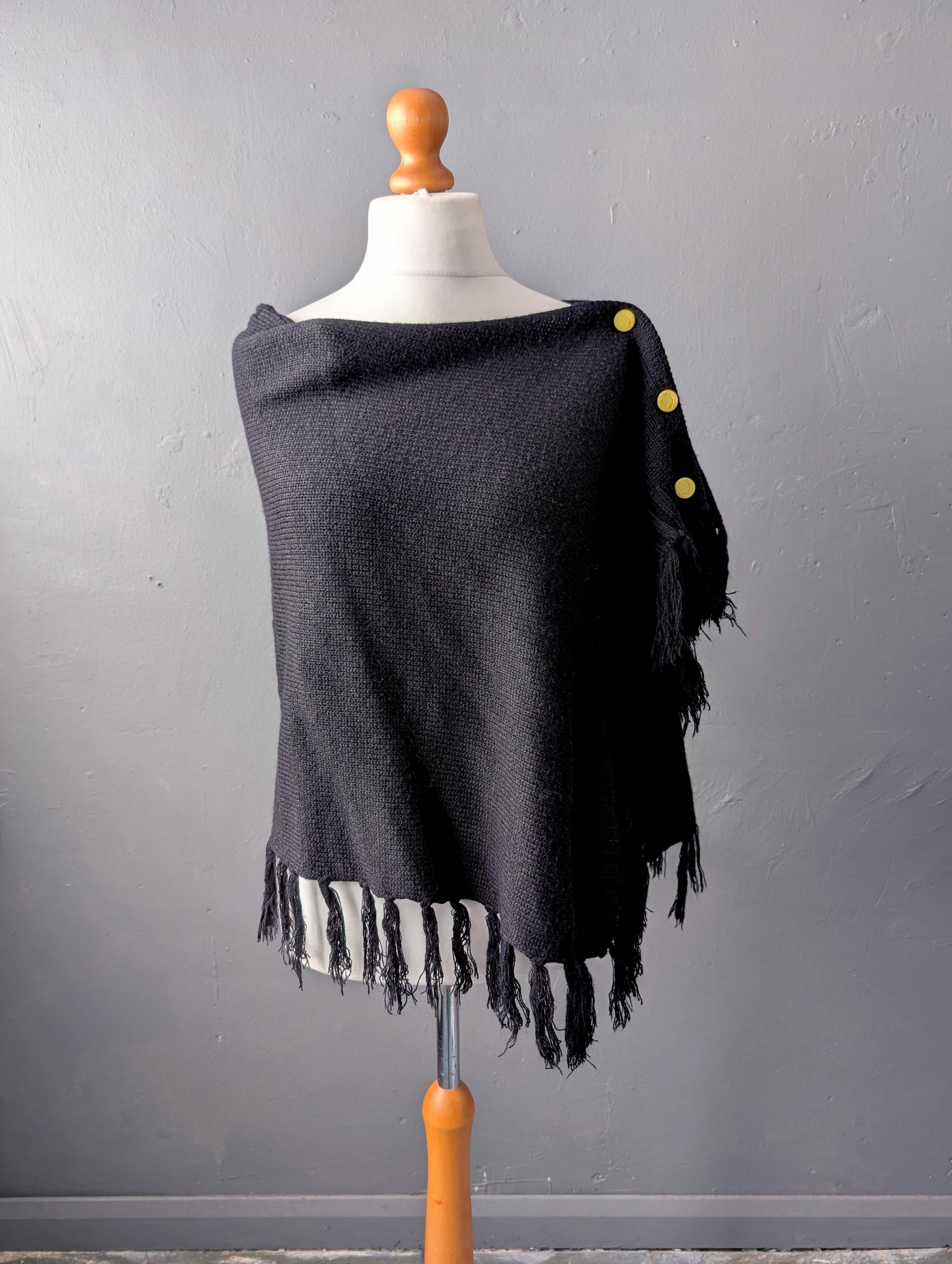 Button Up Knit Poncho, Wool Fringe Cape, Free Size