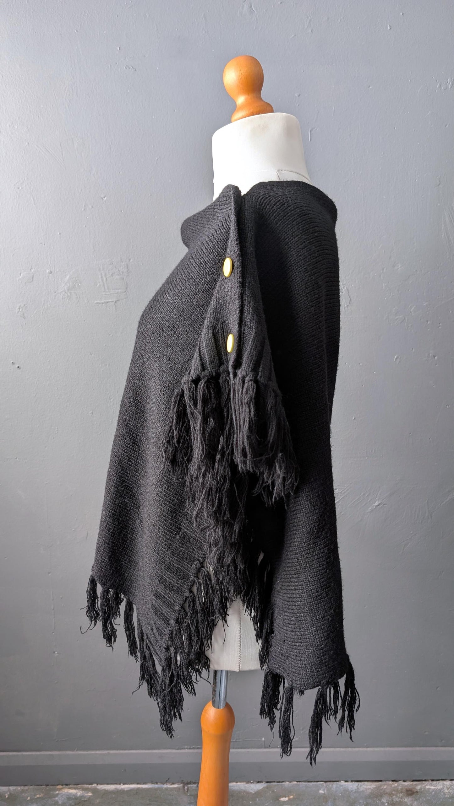 Button Up Knit Poncho, Wool Fringe Cape, Free Size
