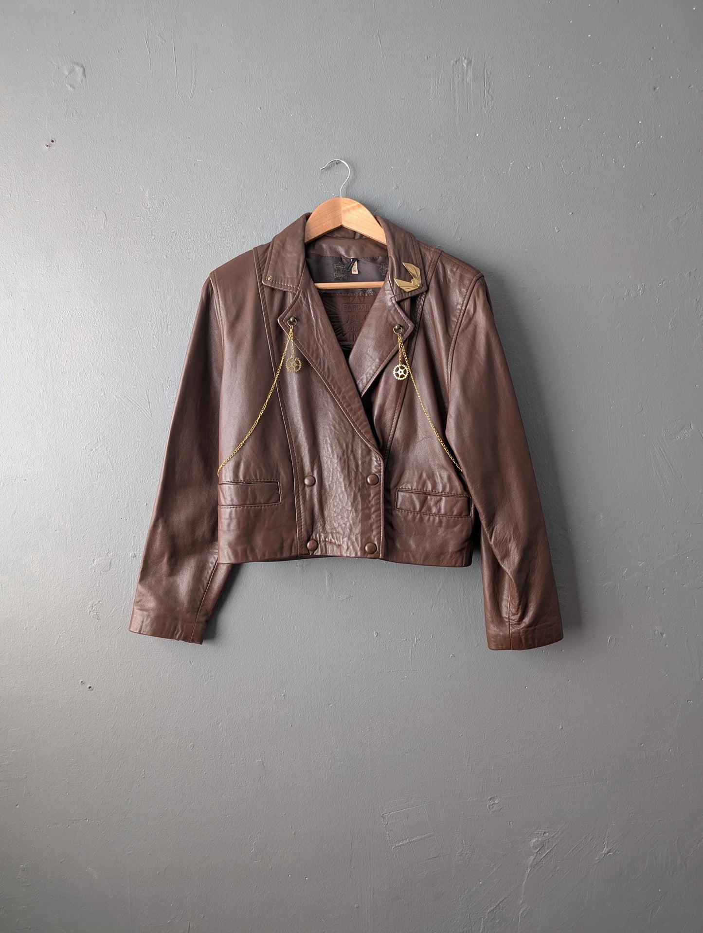 Womens Dieselpunk Leather Jacket, Short Deco Steampunk Coat, Size Medium