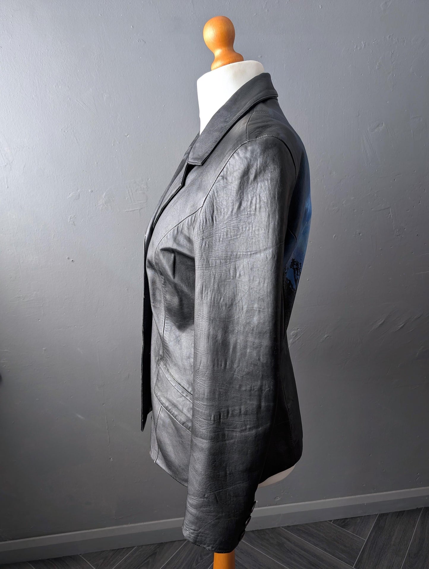 Painted Gothic Leather Jacket, Lunar Full Moon, Witchy Wearable Art