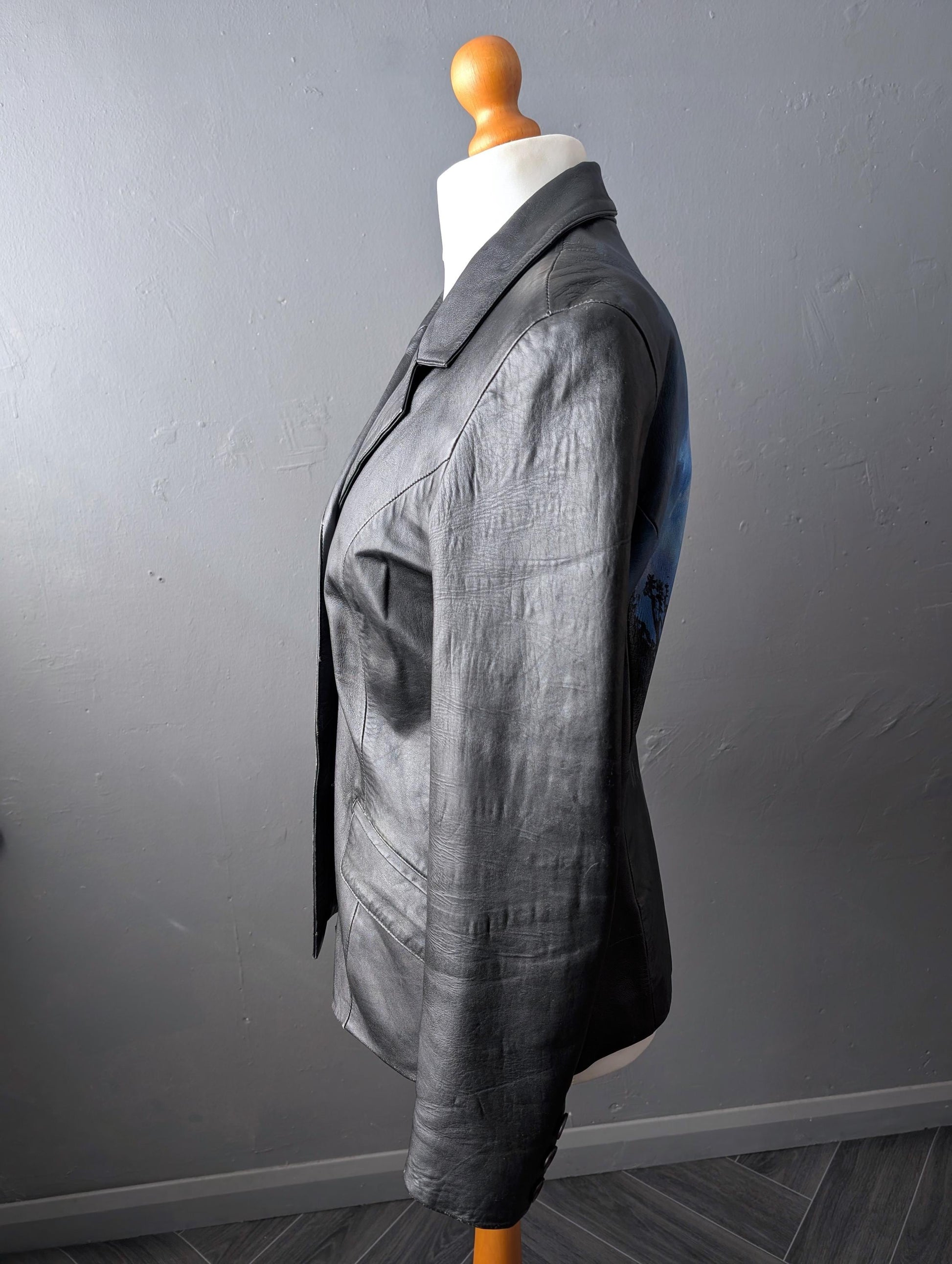 Painted Gothic Leather Jacket, Lunar Full Moon, Witchy Wearable Art