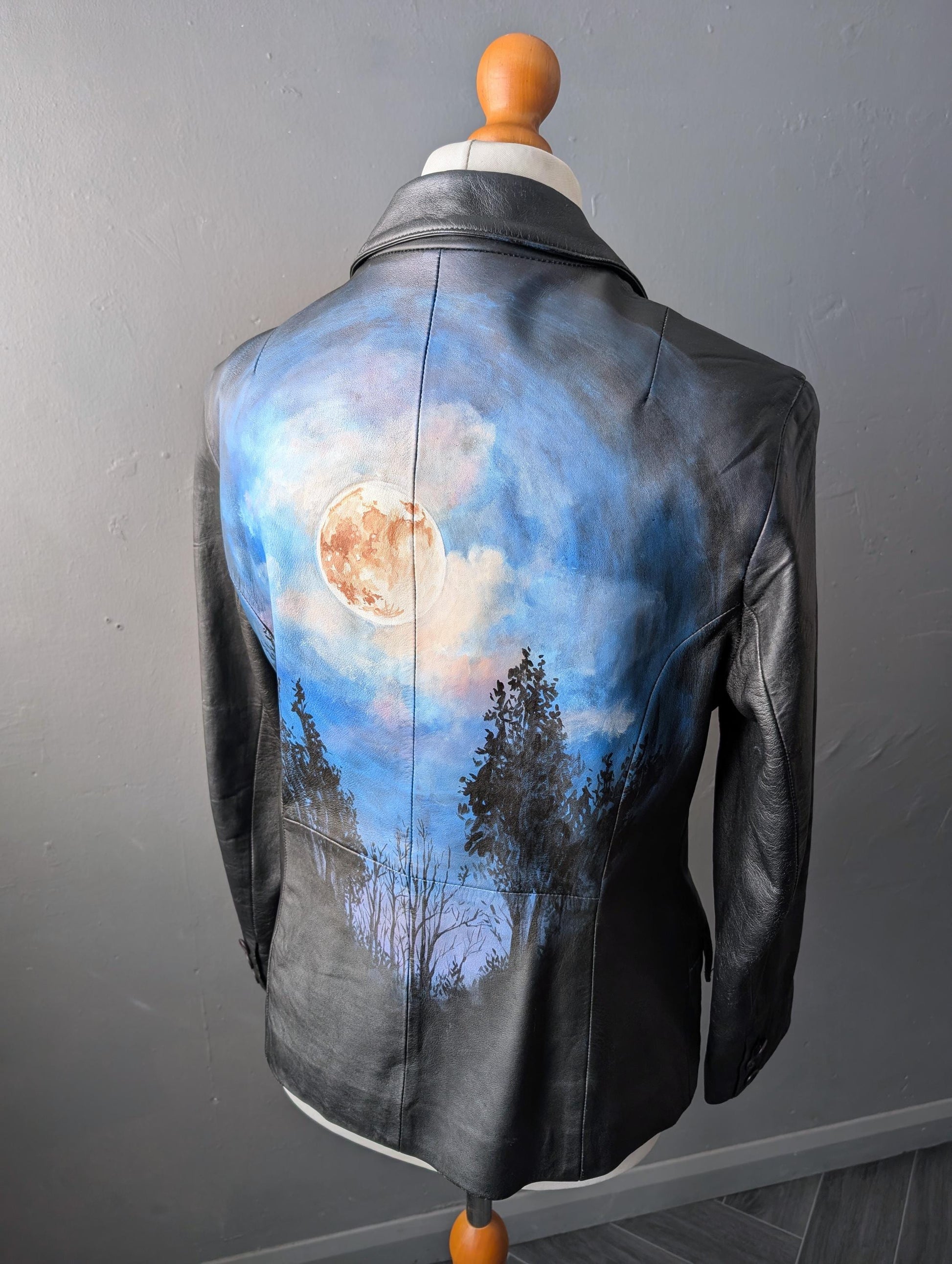 Painted Gothic Leather Jacket, Lunar Full Moon, Witchy Wearable Art