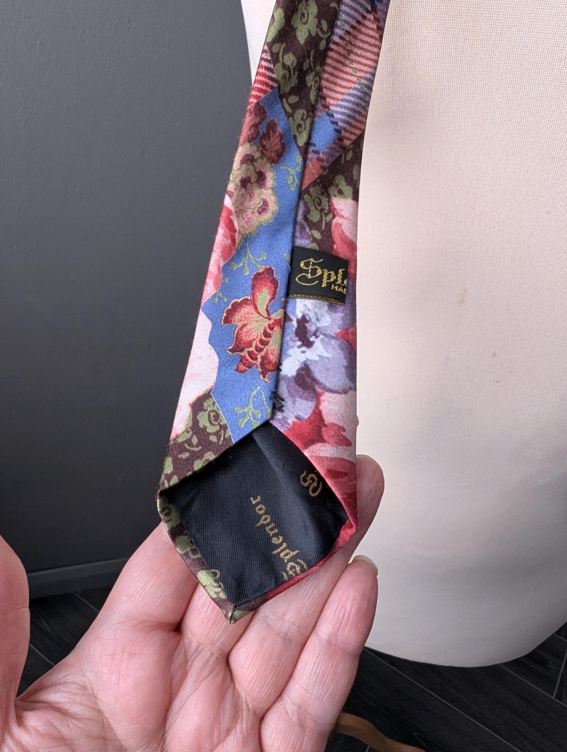 80s Italian Silk Tie by Splendor, Floral Patchwork Necktie