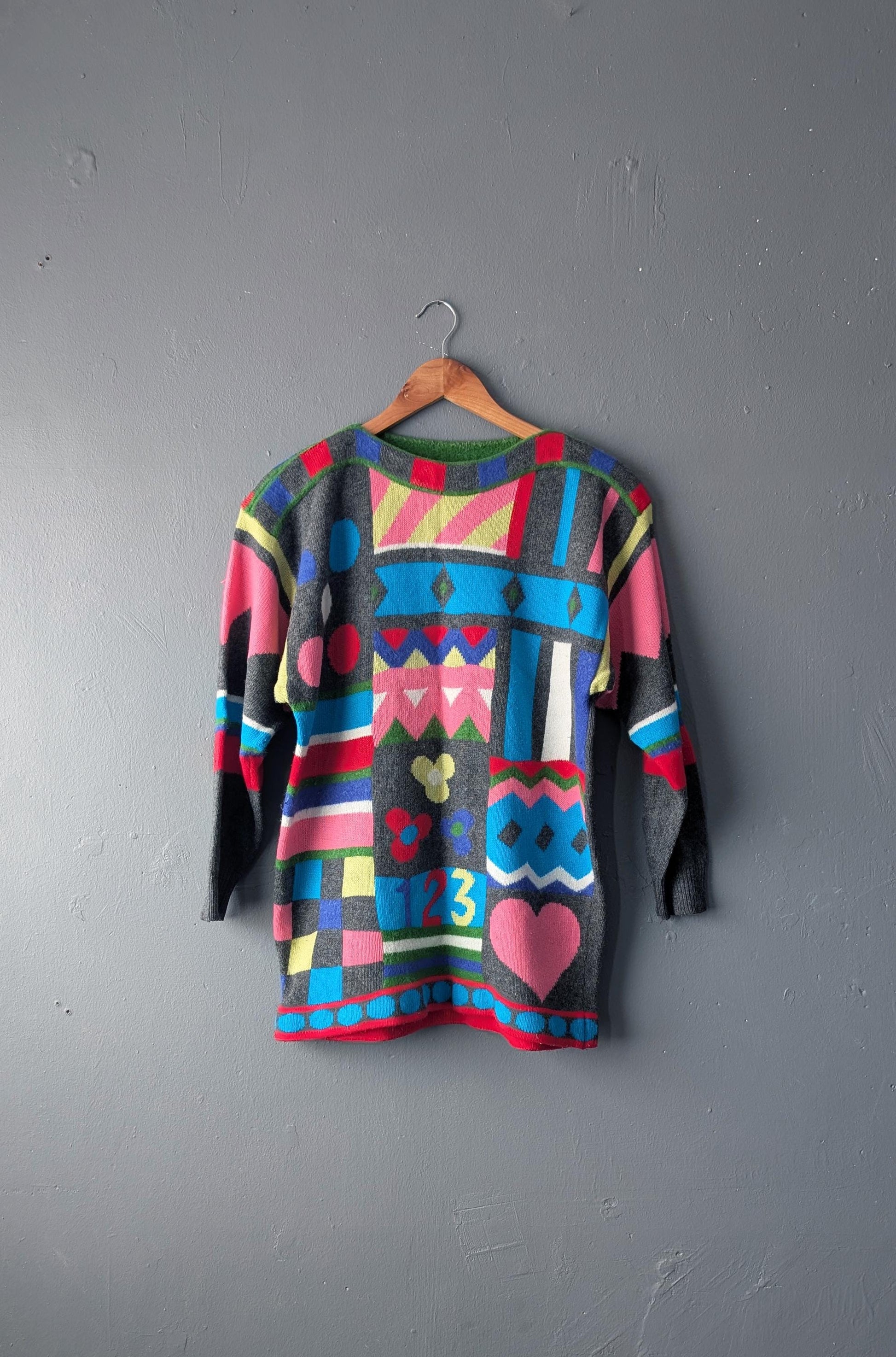 80s Geometric Novelty Sweater by Joye Fun, Colourful Abstract Shapes, Size Small