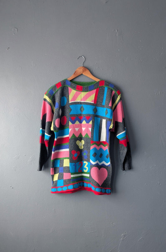 80s Geometric Novelty Sweater by Joye Fun, Colourful Abstract Shapes, Size Small