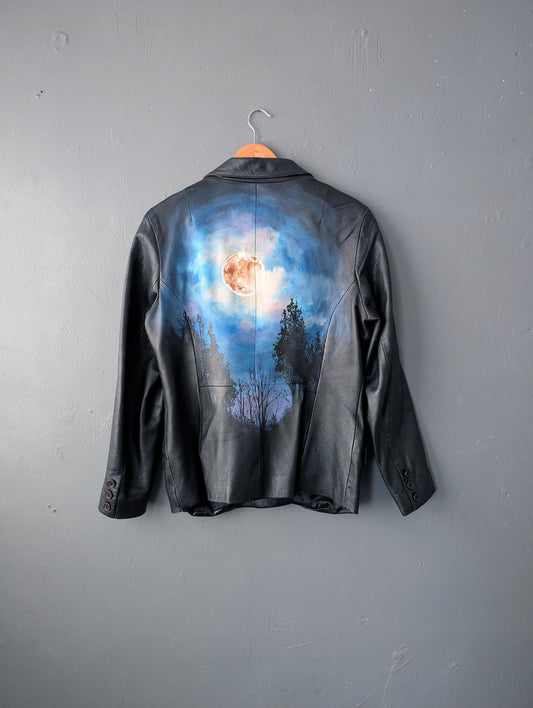 Painted Gothic Leather Jacket, Lunar Full Moon, Witchy Wearable Art