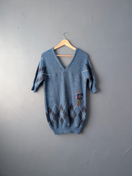 Embroidered Argyle Sweater with Alpine Climber, Size Medium