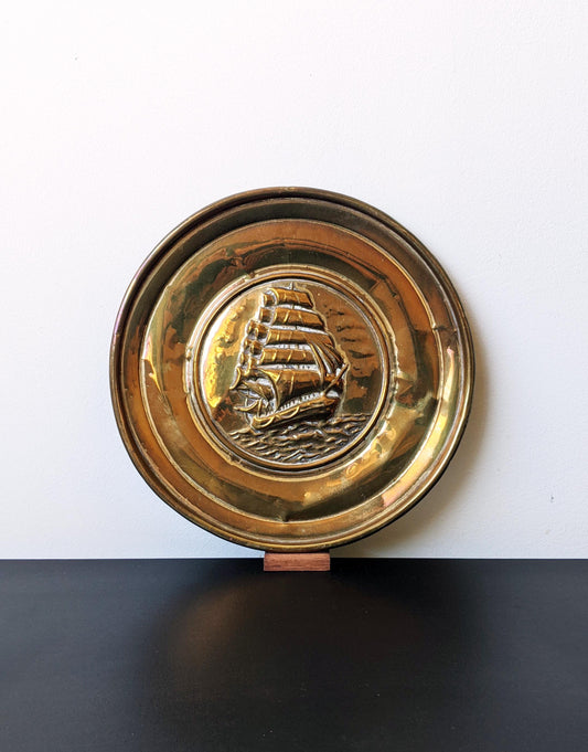 Vintage Brass Wall Plate, Mid Century Sailing Ship, Nautical Decor