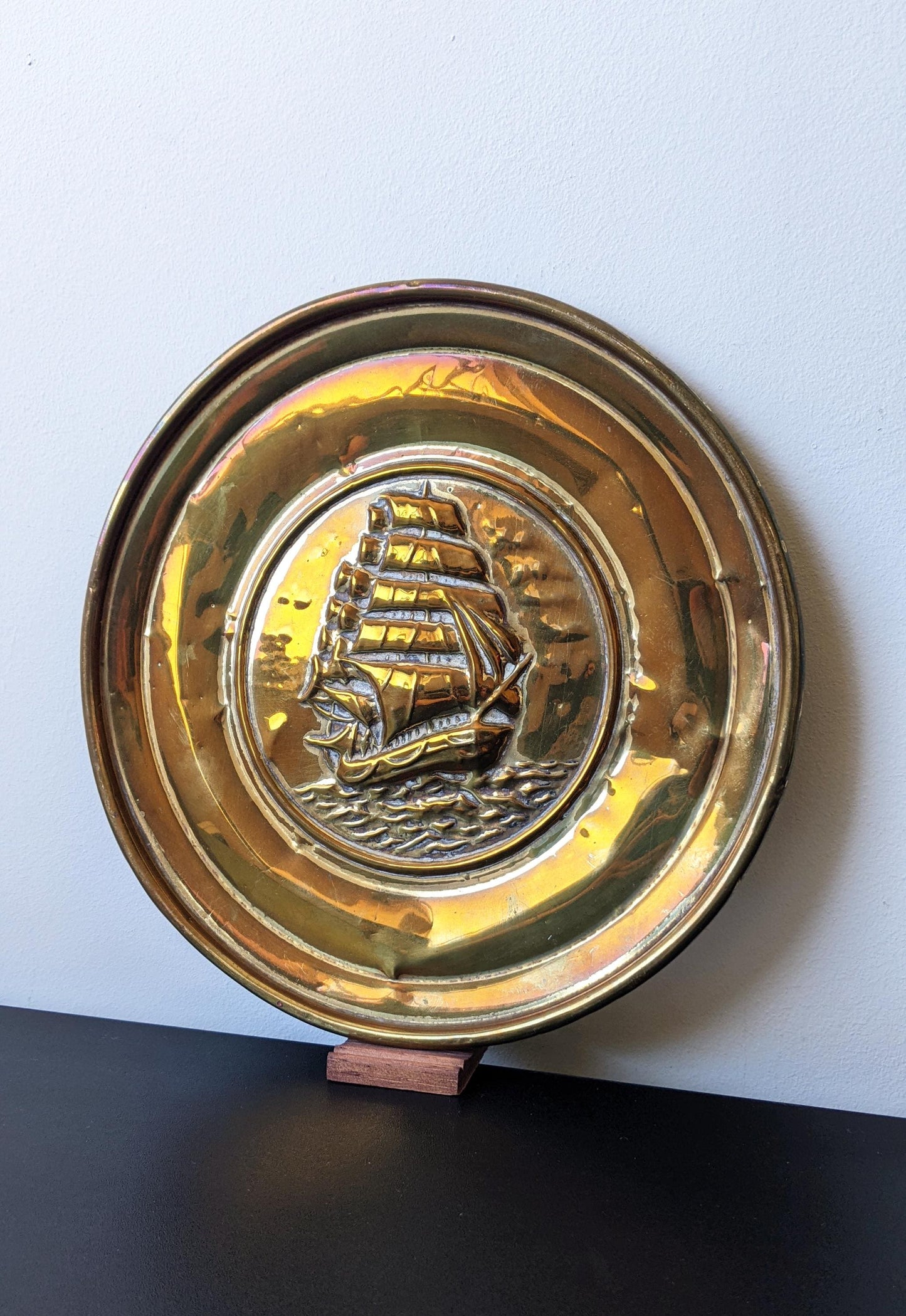 Vintage Brass Wall Plate, Mid Century Sailing Ship, Nautical Decor