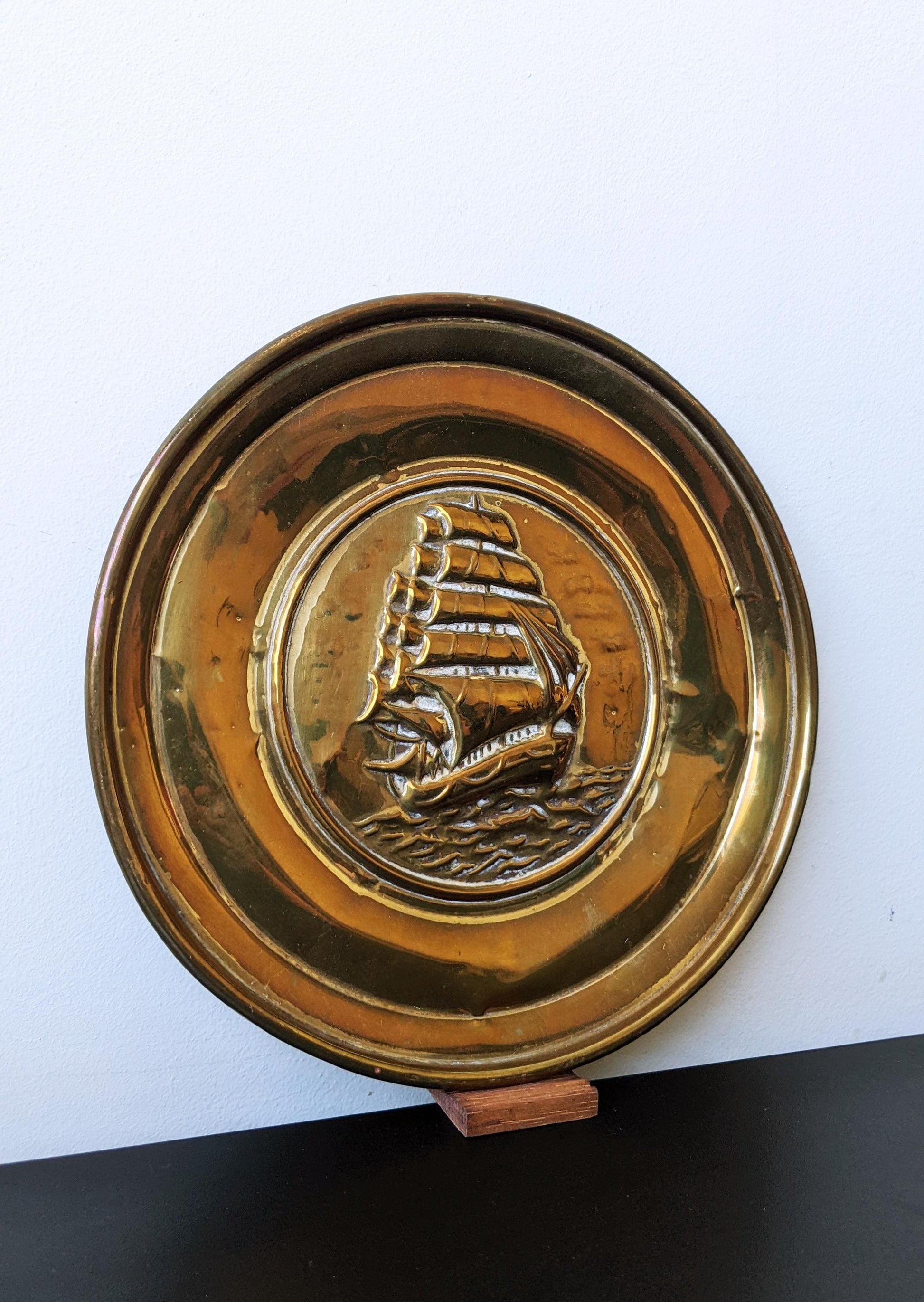Vintage Brass Wall Plate, Mid Century Sailing Ship, Nautical Decor