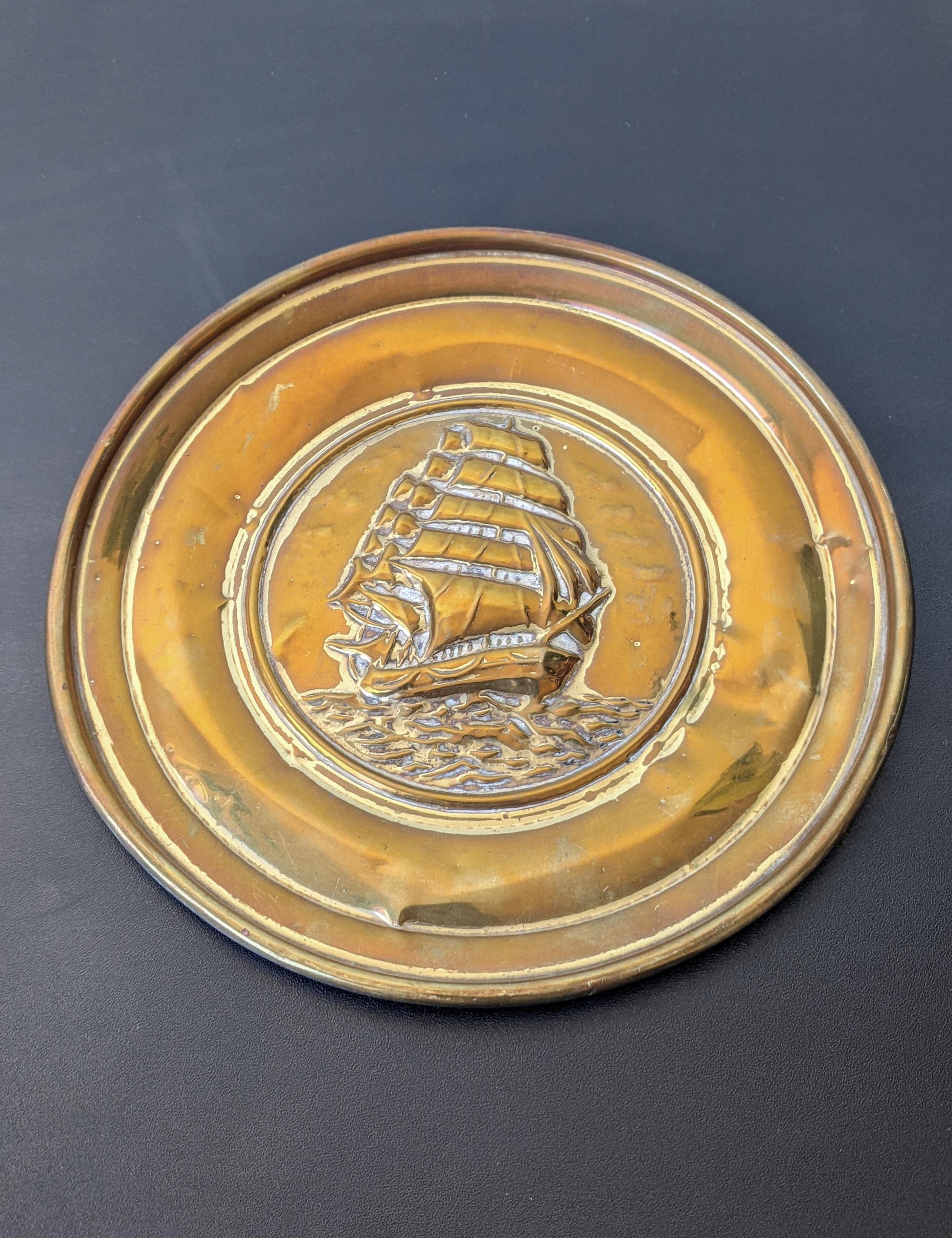 Vintage Brass Wall Plate, Mid Century Sailing Ship, Nautical Decor
