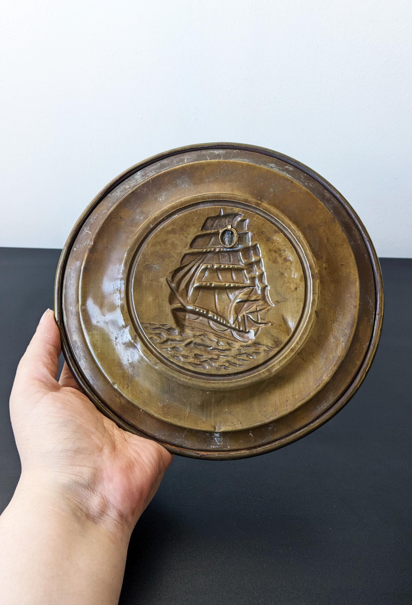 Vintage Brass Wall Plate, Mid Century Sailing Ship, Nautical Decor