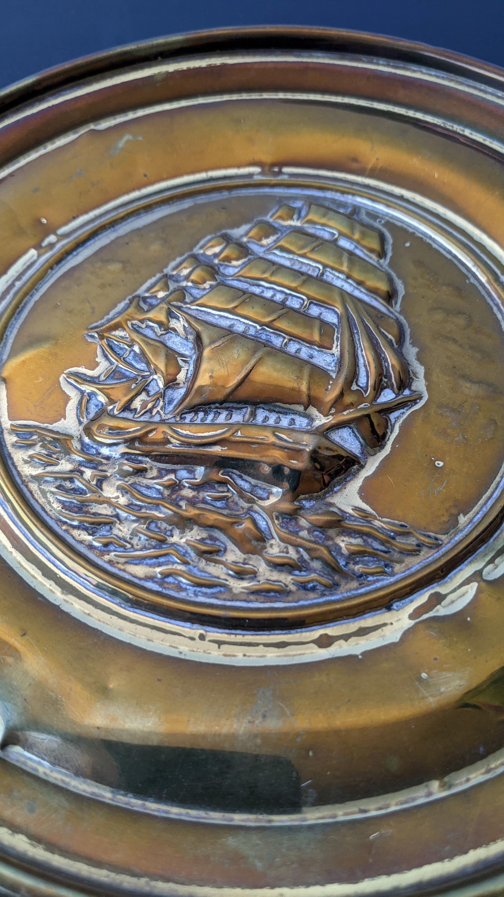 Vintage Brass Wall Plate, Mid Century Sailing Ship, Nautical Decor