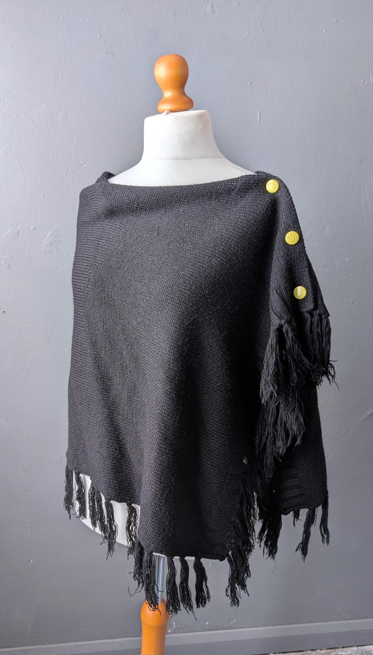 Button Up Knit Poncho, Wool Fringe Cape, Free Size
