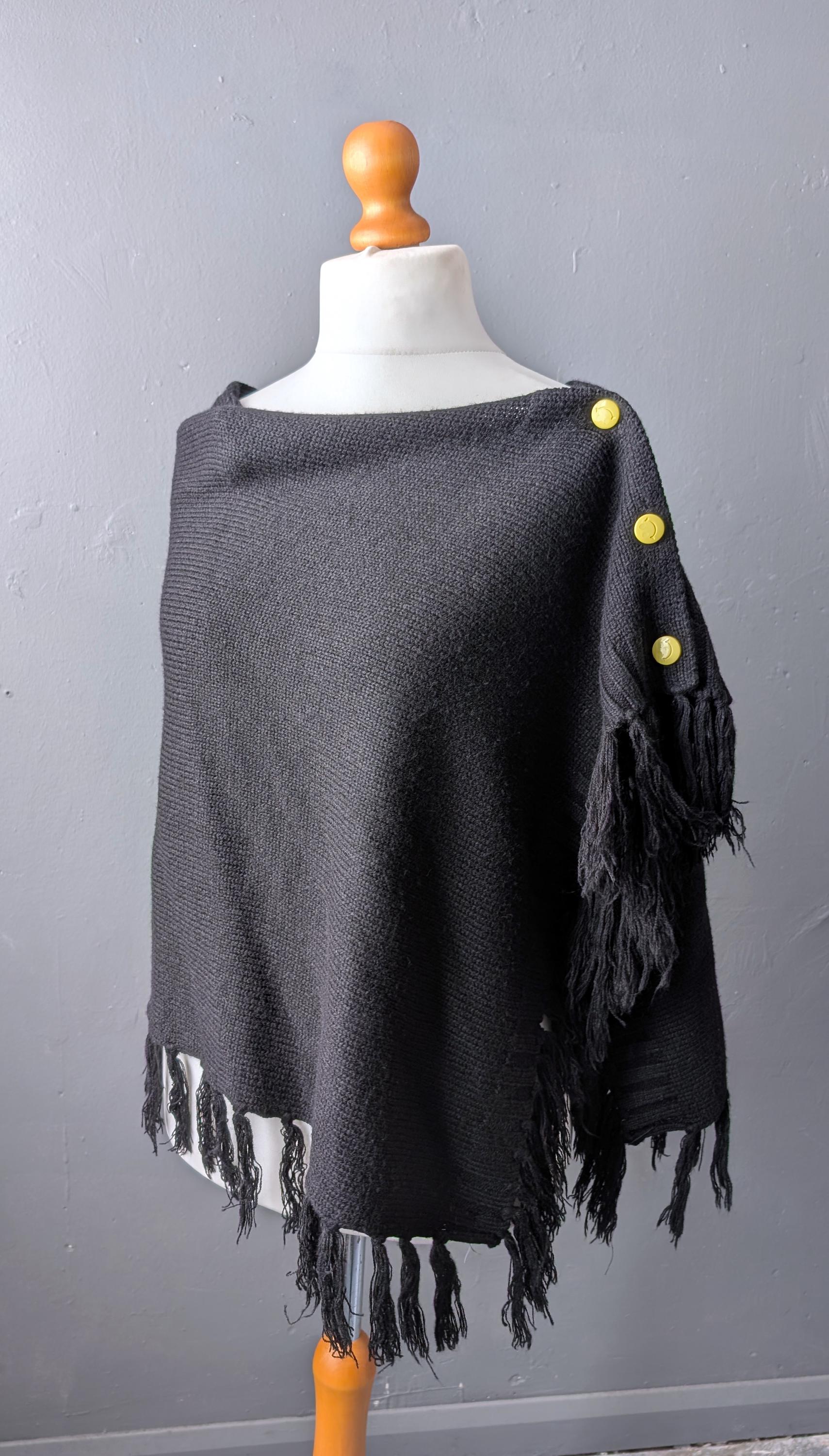 Button Up Knit Poncho, Wool Fringe Cape, Free Size