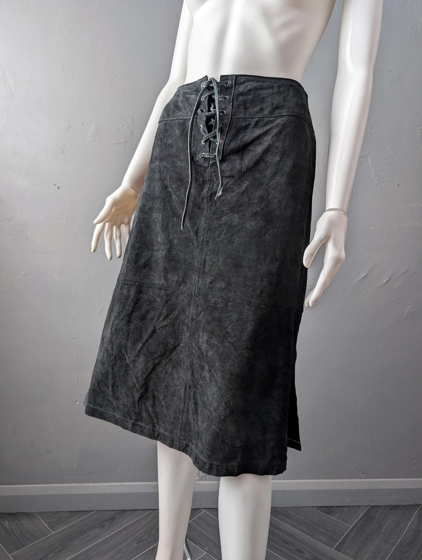 Black Suede Skirt with Laced Front, Vintage Rock Chic, Size Medium