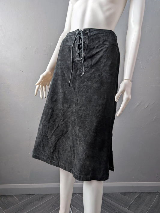 Black Suede Skirt with Laced Front, Vintage Rock Chic, Size Medium