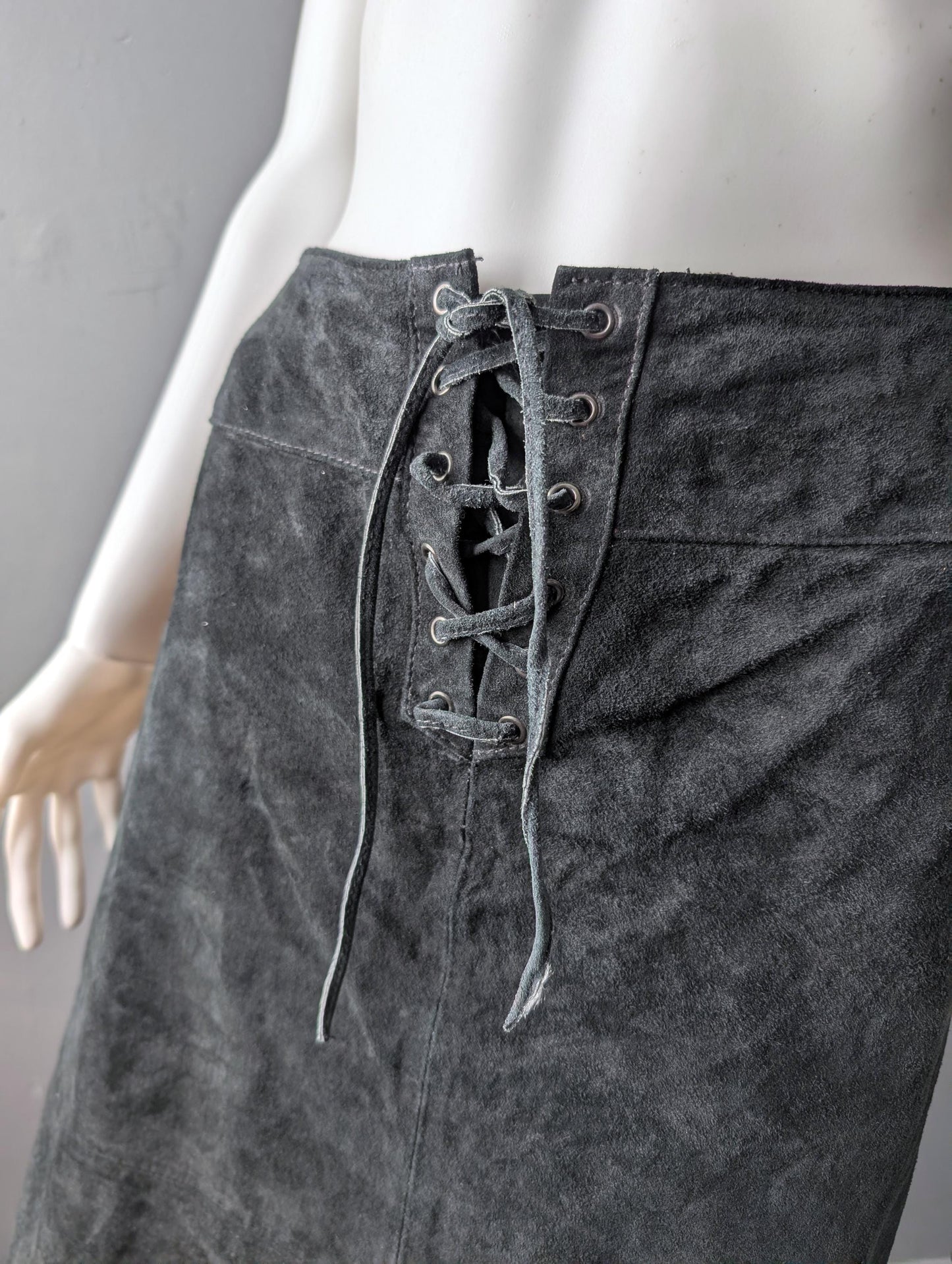 Black Suede Skirt with Laced Front, Vintage Rock Chic, Size Medium