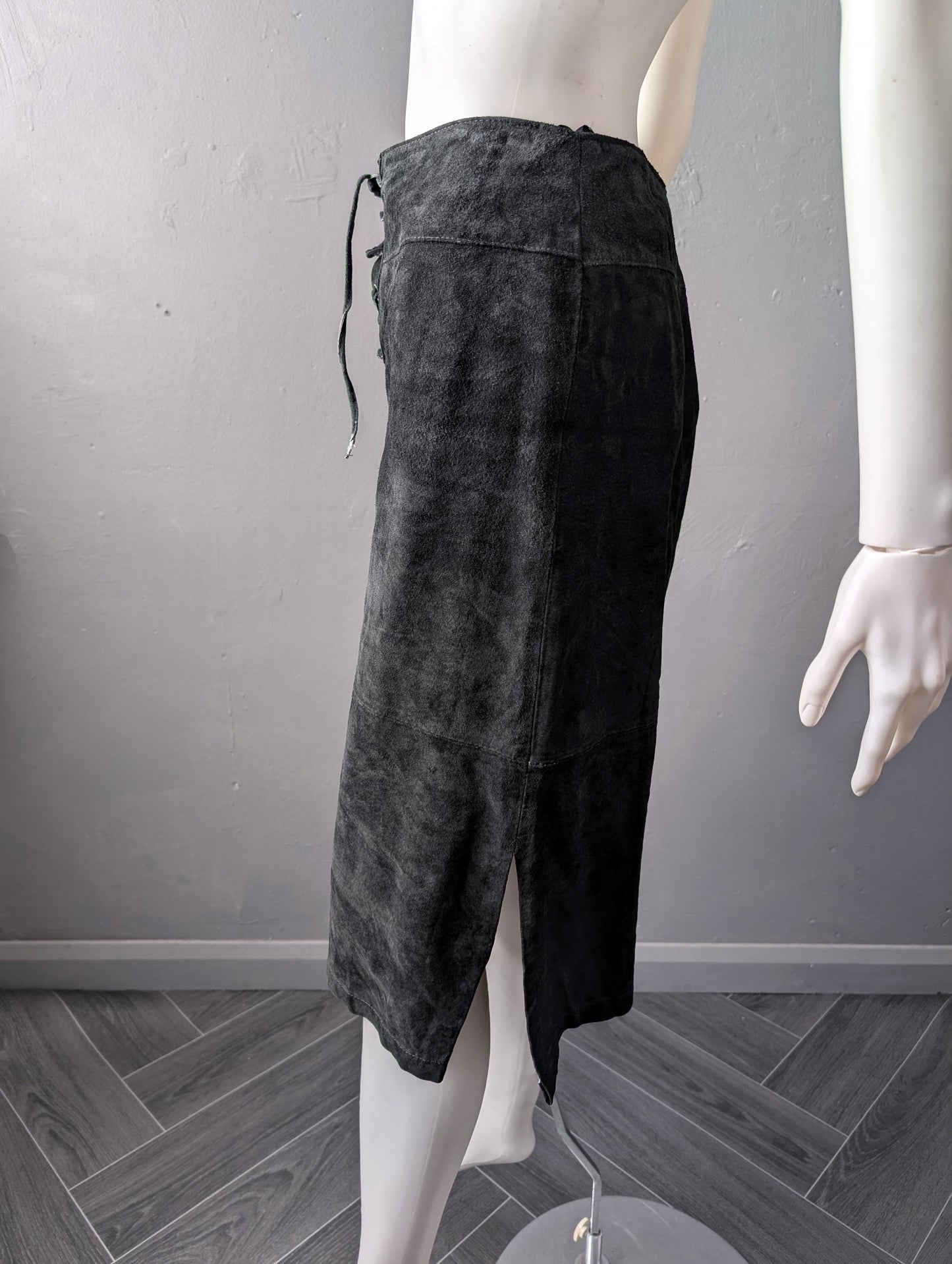 Black Suede Skirt with Laced Front, Vintage Rock Chic, Size Medium