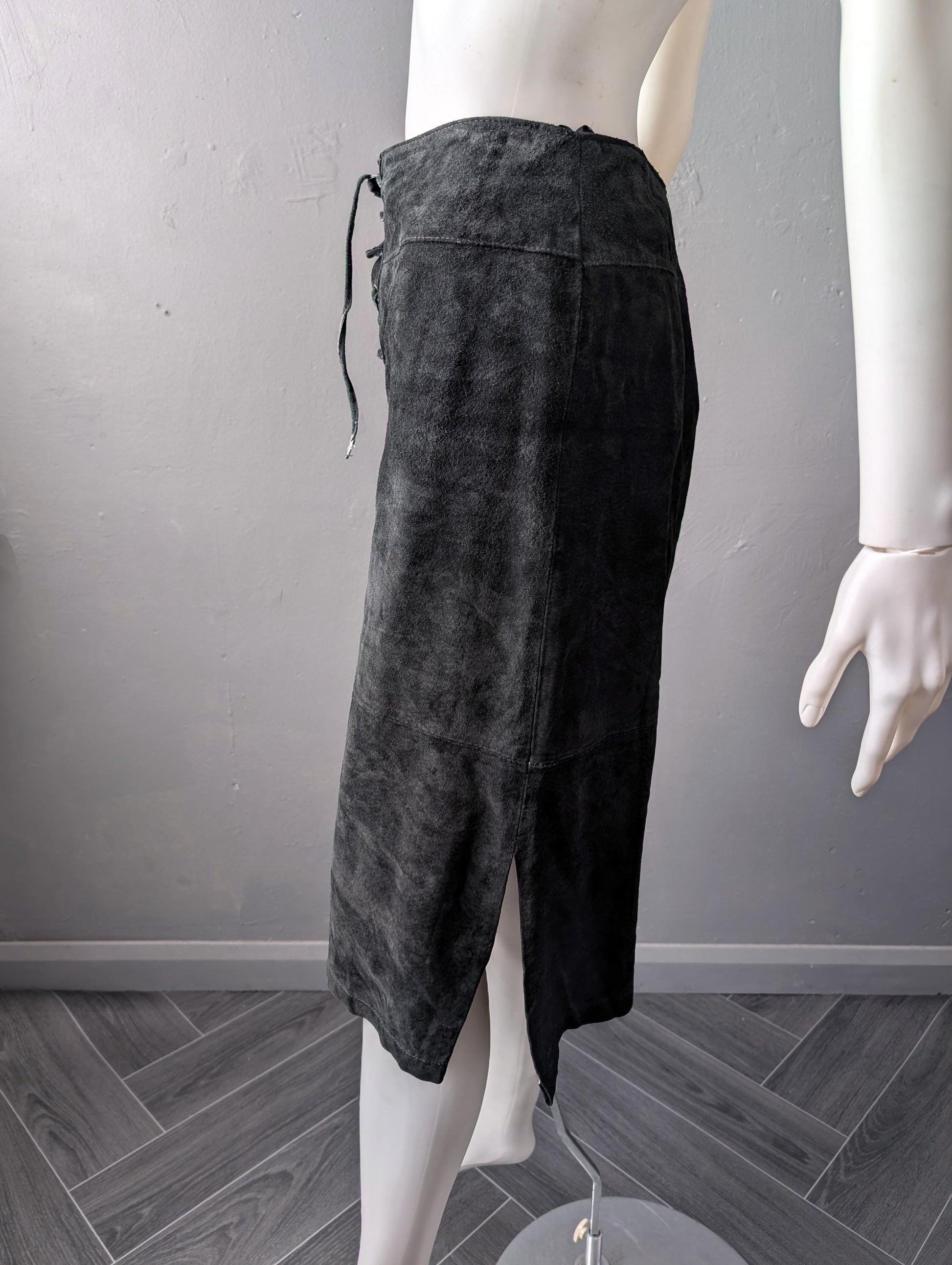 Black Suede Skirt with Laced Front, Vintage Rock Chic, Size Medium