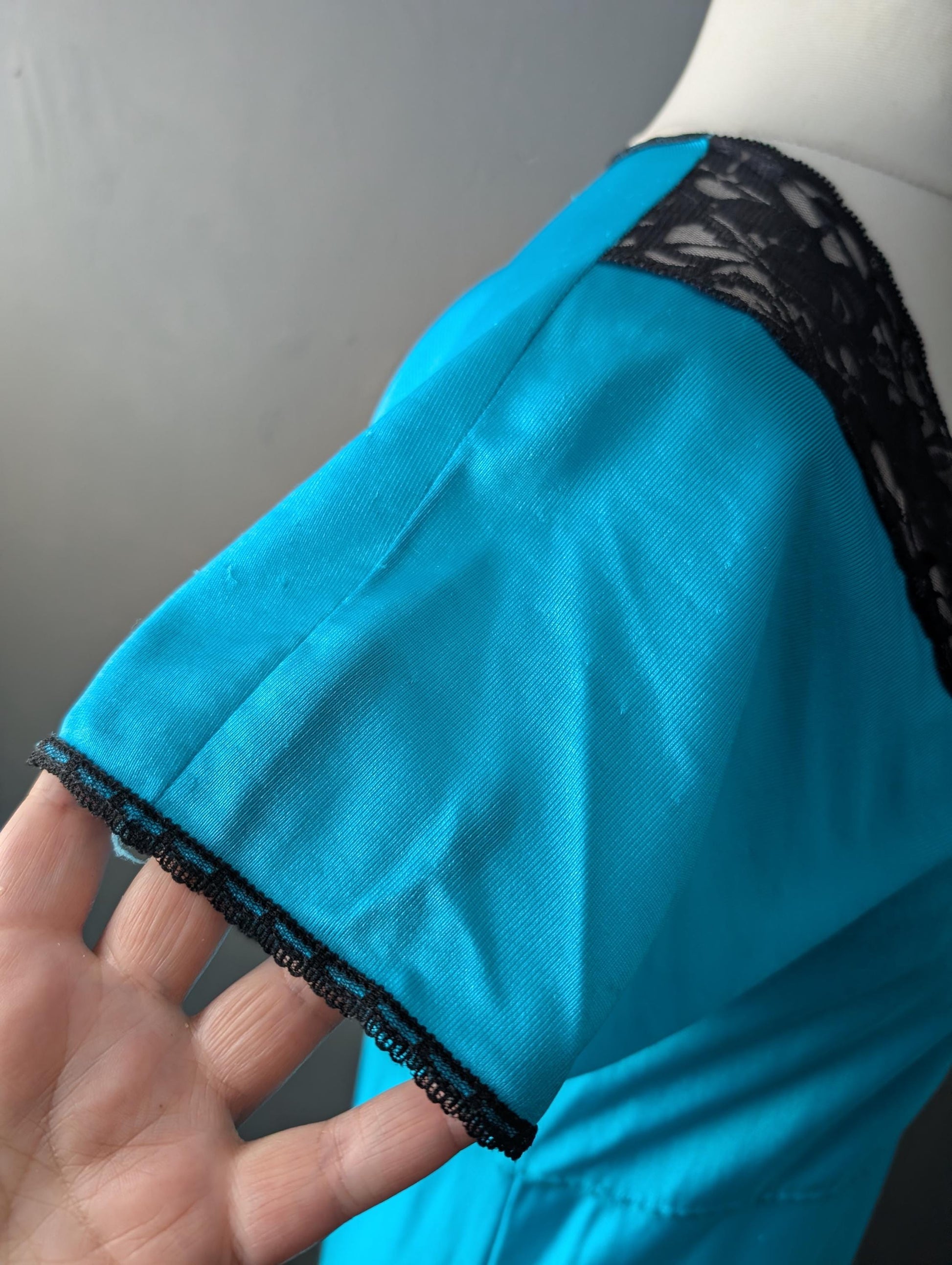 Vintage Aqua Blue Nightgown, 80s Side Split Chemise, Lace Lingerie Slip, Size Large