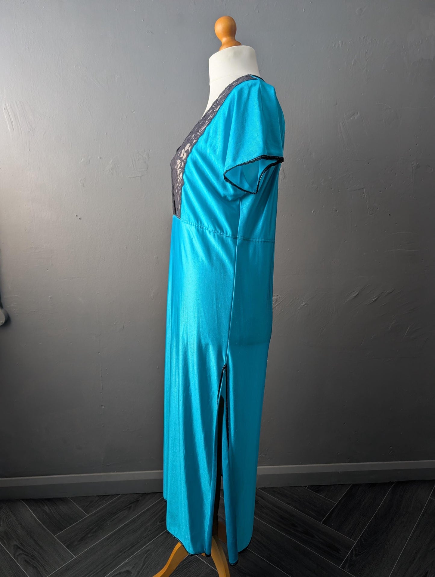 Vintage Aqua Blue Nightgown, 80s Side Split Chemise, Lace Lingerie Slip, Size Large
