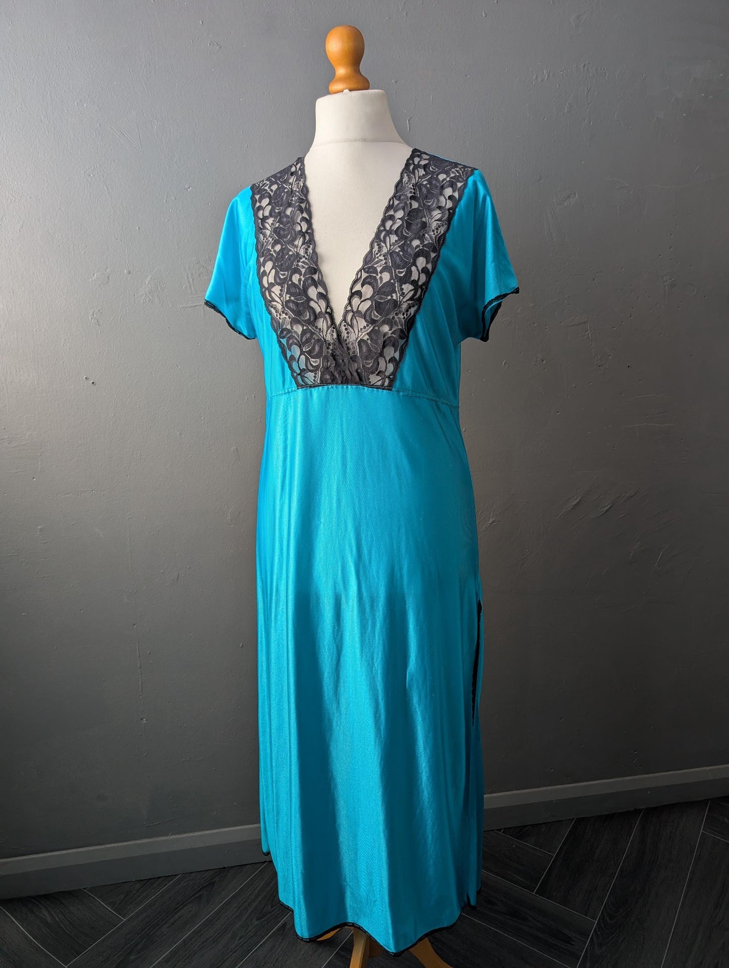 Vintage Aqua Blue Nightgown, 80s Side Split Chemise, Lace Lingerie Slip, Size Large