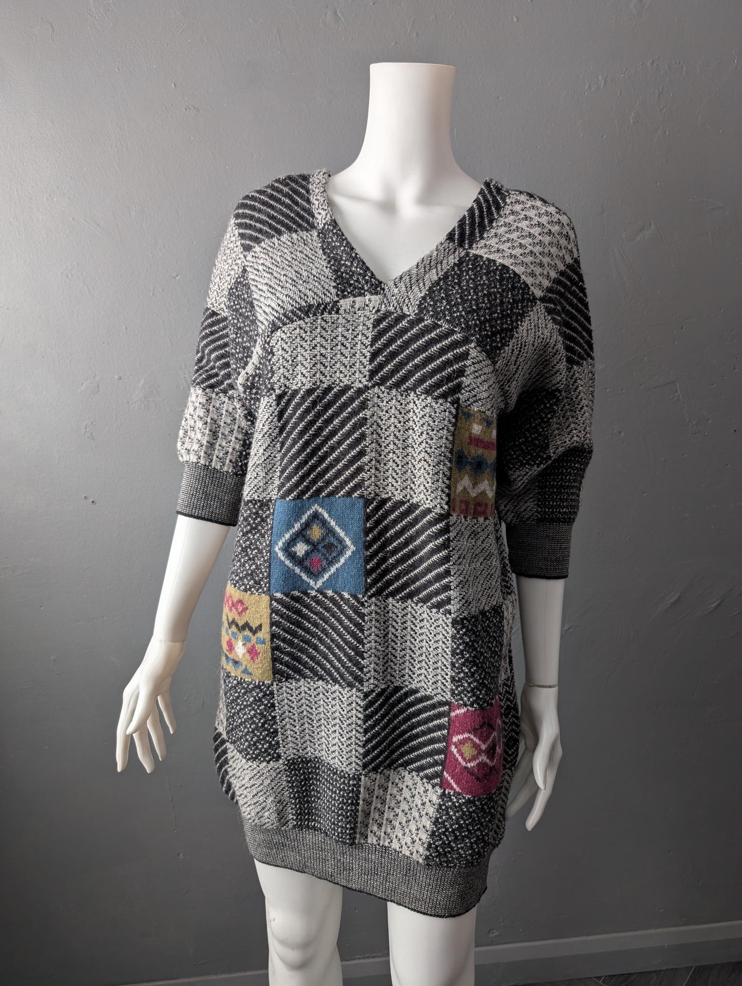 Retro Nerd Sweater Dress, Geometric Wool Jumper, 8 Bit Chic Knit, Size Medium