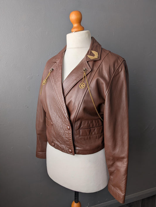 Womens Dieselpunk Leather Jacket, Short Deco Steampunk Coat, Size Medium