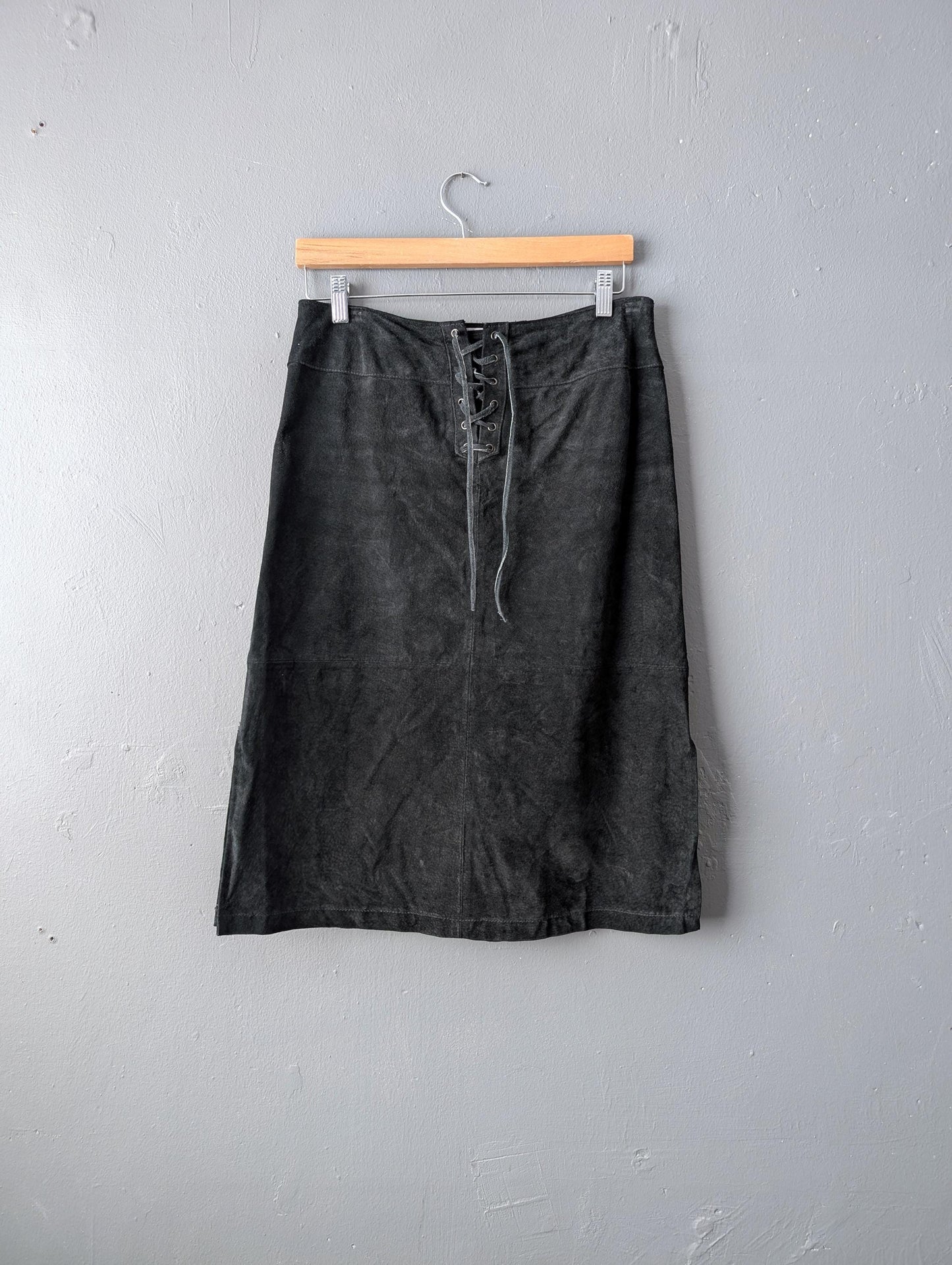 Black Suede Skirt with Laced Front, Vintage Rock Chic, Size Medium