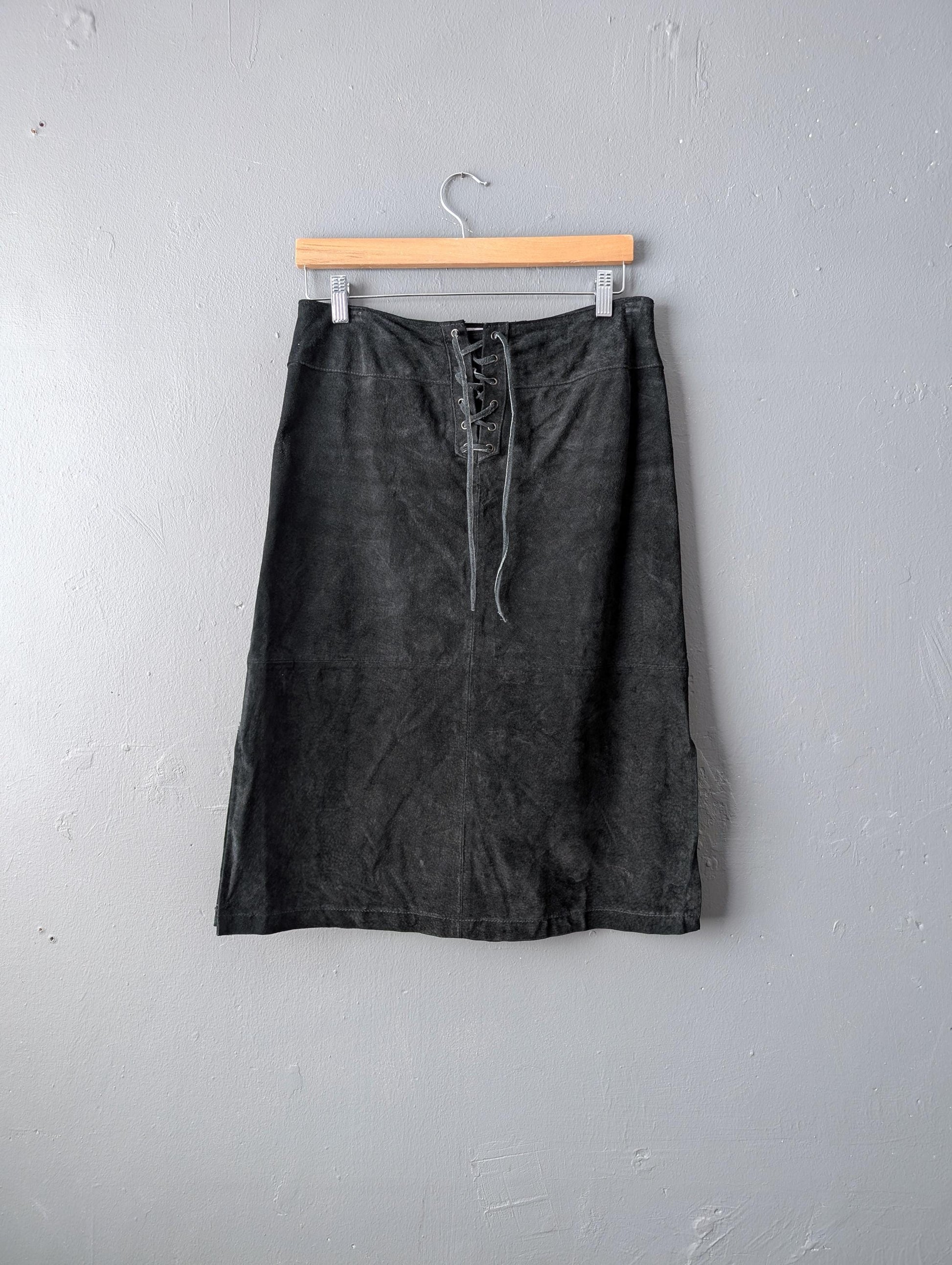 Black Suede Skirt with Laced Front, Vintage Rock Chic, Size Medium