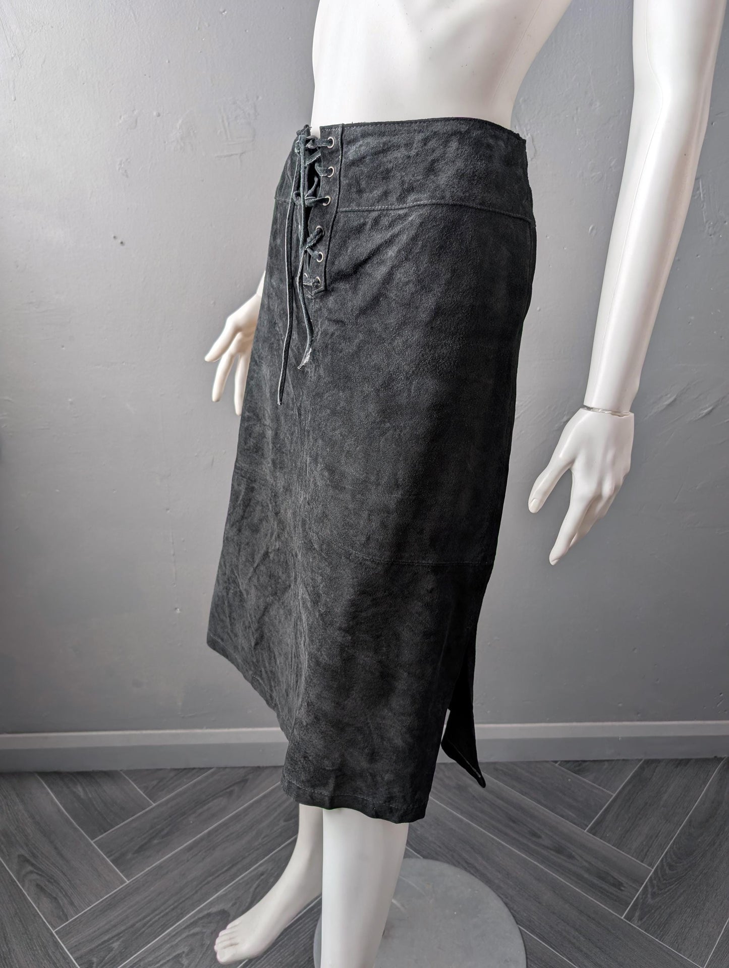 Black Suede Skirt with Laced Front, Vintage Rock Chic, Size Medium