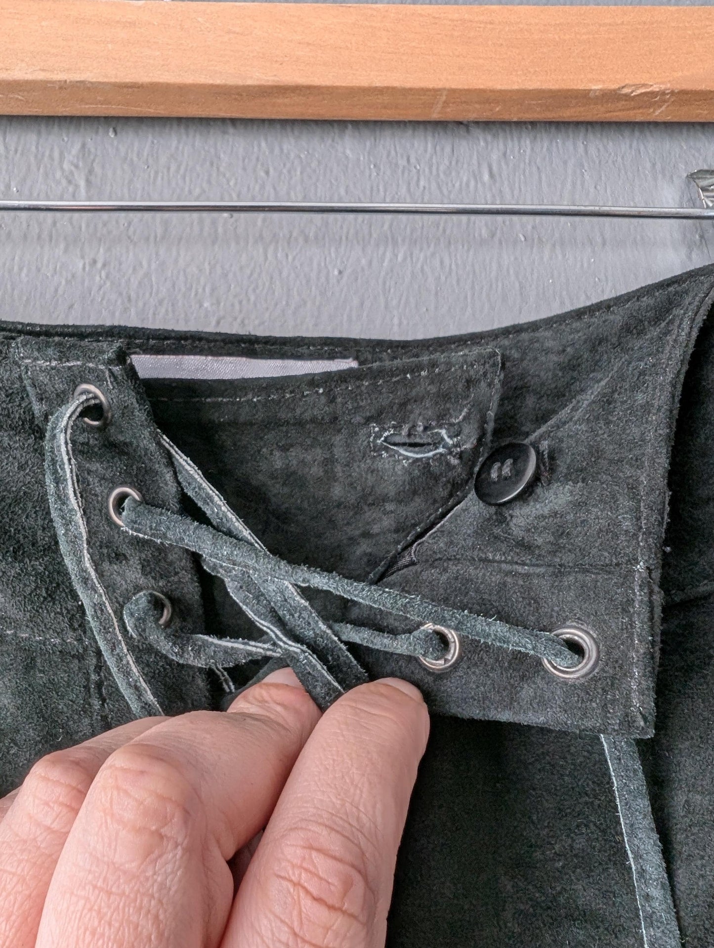 Black Suede Skirt with Laced Front, Vintage Rock Chic, Size Medium