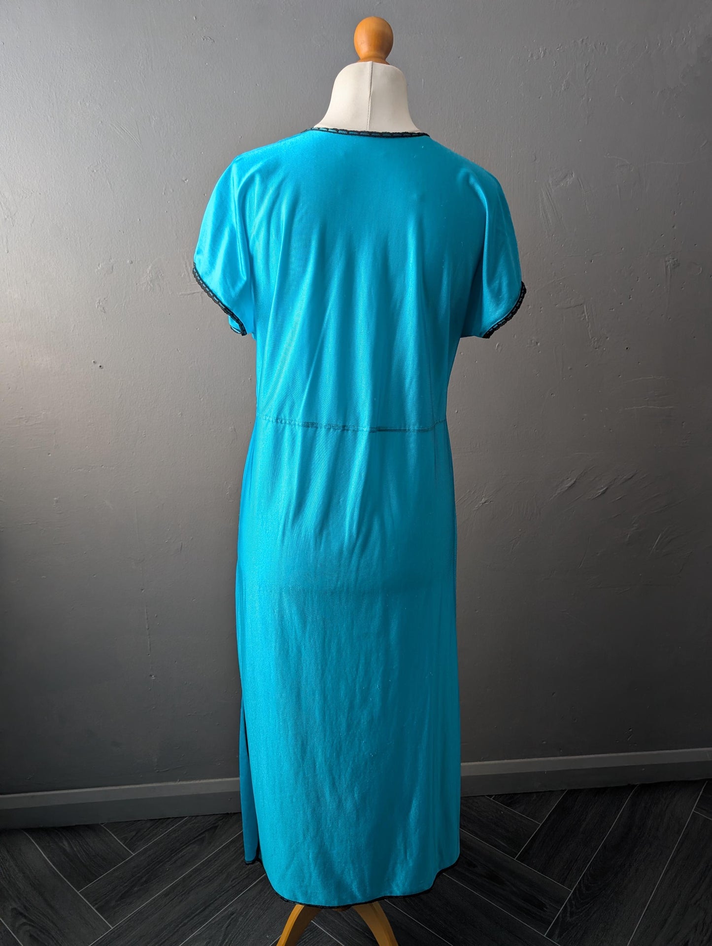 Vintage Aqua Blue Nightgown, 80s Side Split Chemise, Lace Lingerie Slip, Size Large