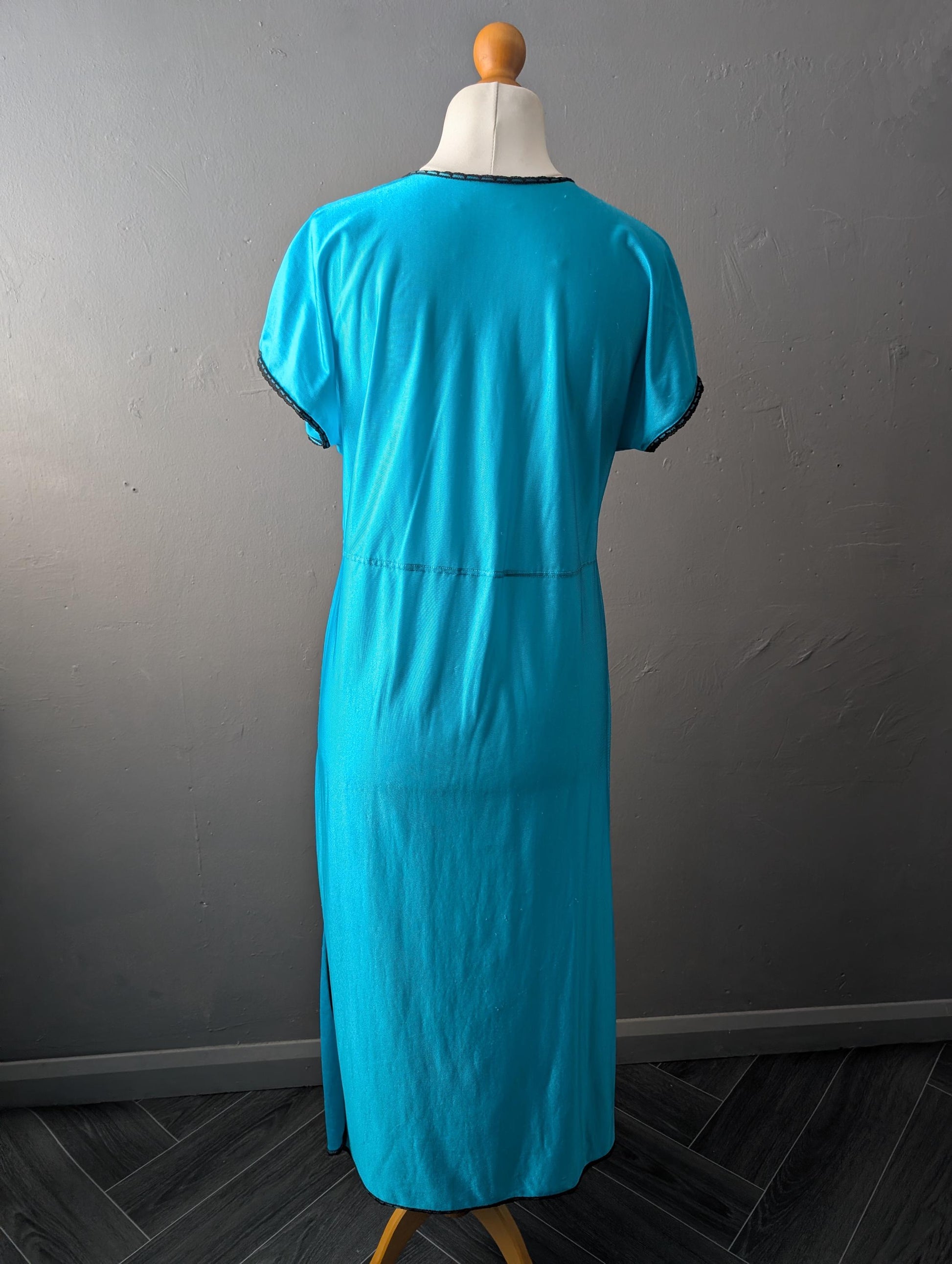 Vintage Aqua Blue Nightgown, 80s Side Split Chemise, Lace Lingerie Slip, Size Large