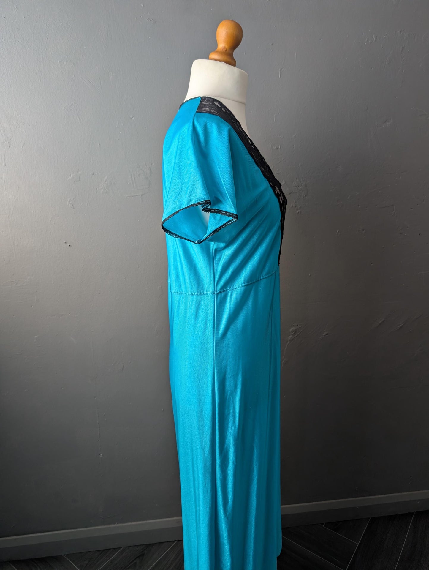 Vintage Aqua Blue Nightgown, 80s Side Split Chemise, Lace Lingerie Slip, Size Large
