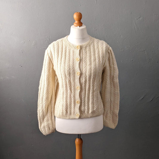 Vintage 80s Chunky Knit Cardigan in Cream Wool, Size Large