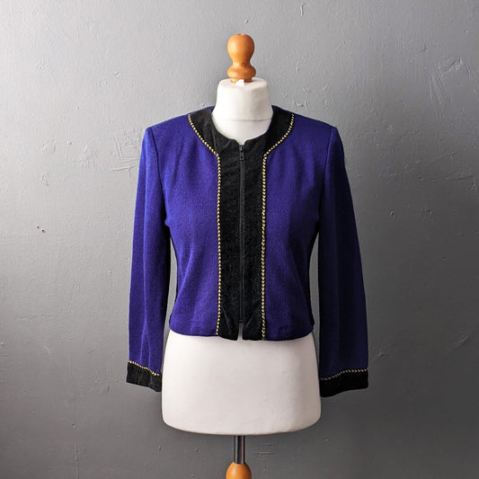 80s Cardigan Jacket by Jessica Howard Petite, Velvet Trim Smart Knitwear, Size Small Medium